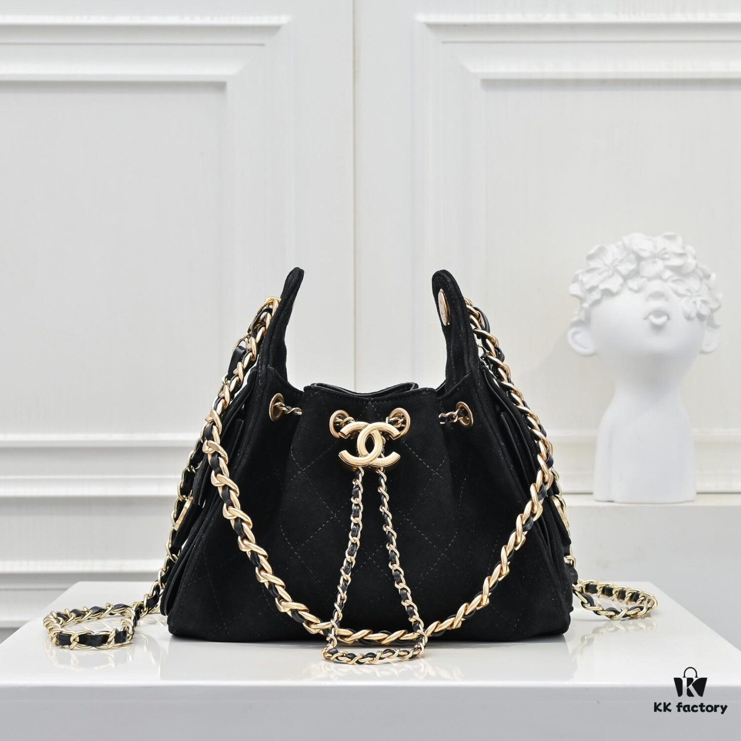 Mini Chanel 25C Bag Hobo Suede Crossbody Bucket Bag with Vintage Coin Toggle Drawstring, Quilted Design, Retro Black and Gold Hardware, Classic Chain Strap