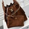 Large Upgraded Chanel 25C Hobo Bag in Suede Leather - Vintage Gold Buckle Drawstring Bucket Bag with Quilted Pattern, Retro Black and Gold, Classic Chain Design