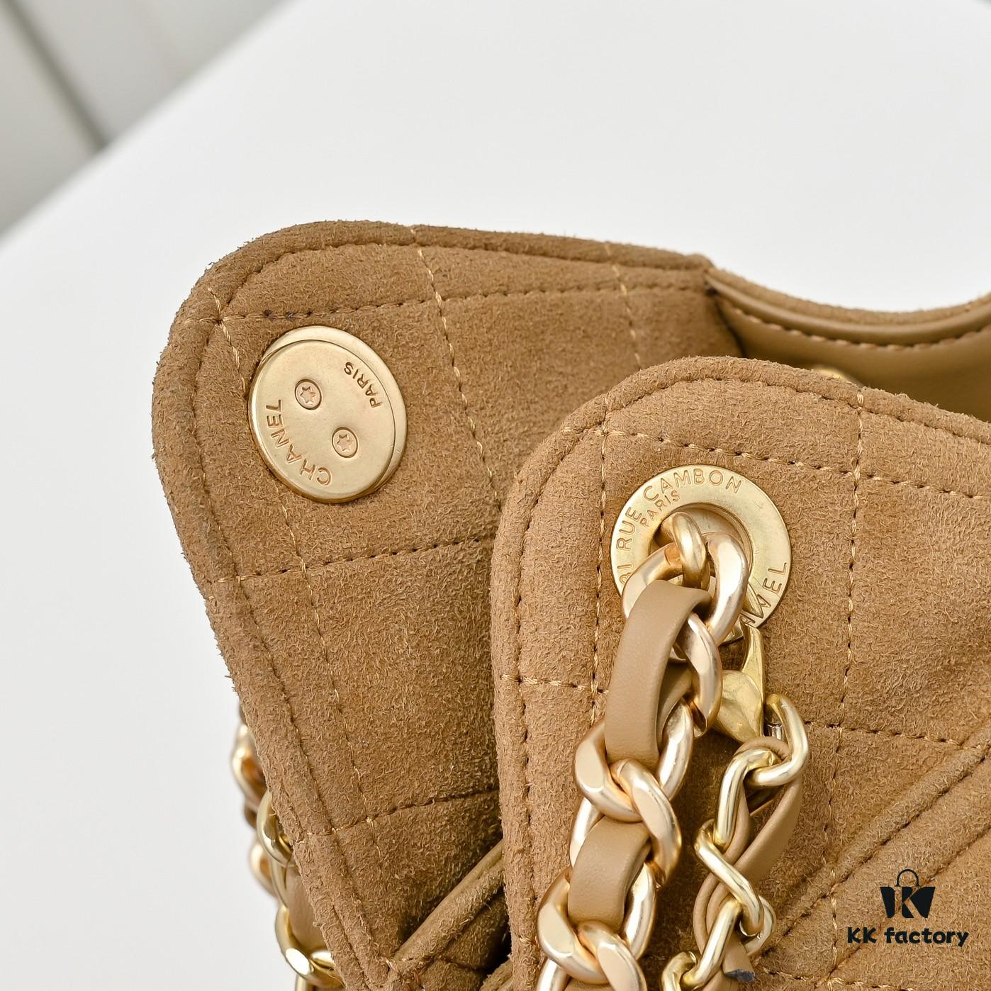 Mini Chanel 25C Bag Hobo Suede Crossbody Bucket Bag with Vintage Coin Toggle Drawstring, Diamond Quilting, Retro Black Gold Hardware, Classic Chain Design