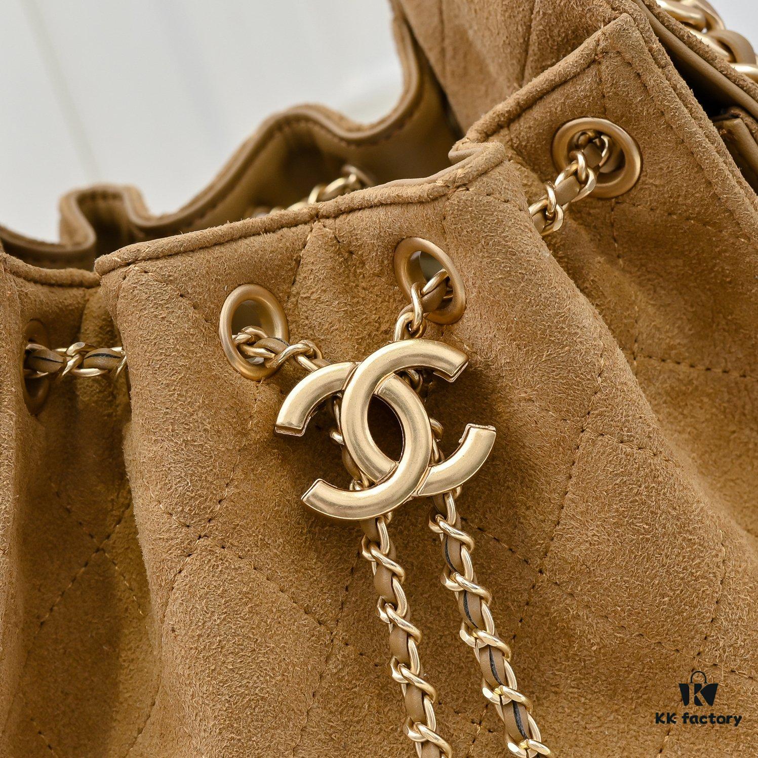 Mini Chanel 25C Bag Hobo Suede Crossbody Bucket Bag with Vintage Coin Toggle Drawstring, Diamond Quilting, Retro Black Gold Hardware, Classic Chain Design