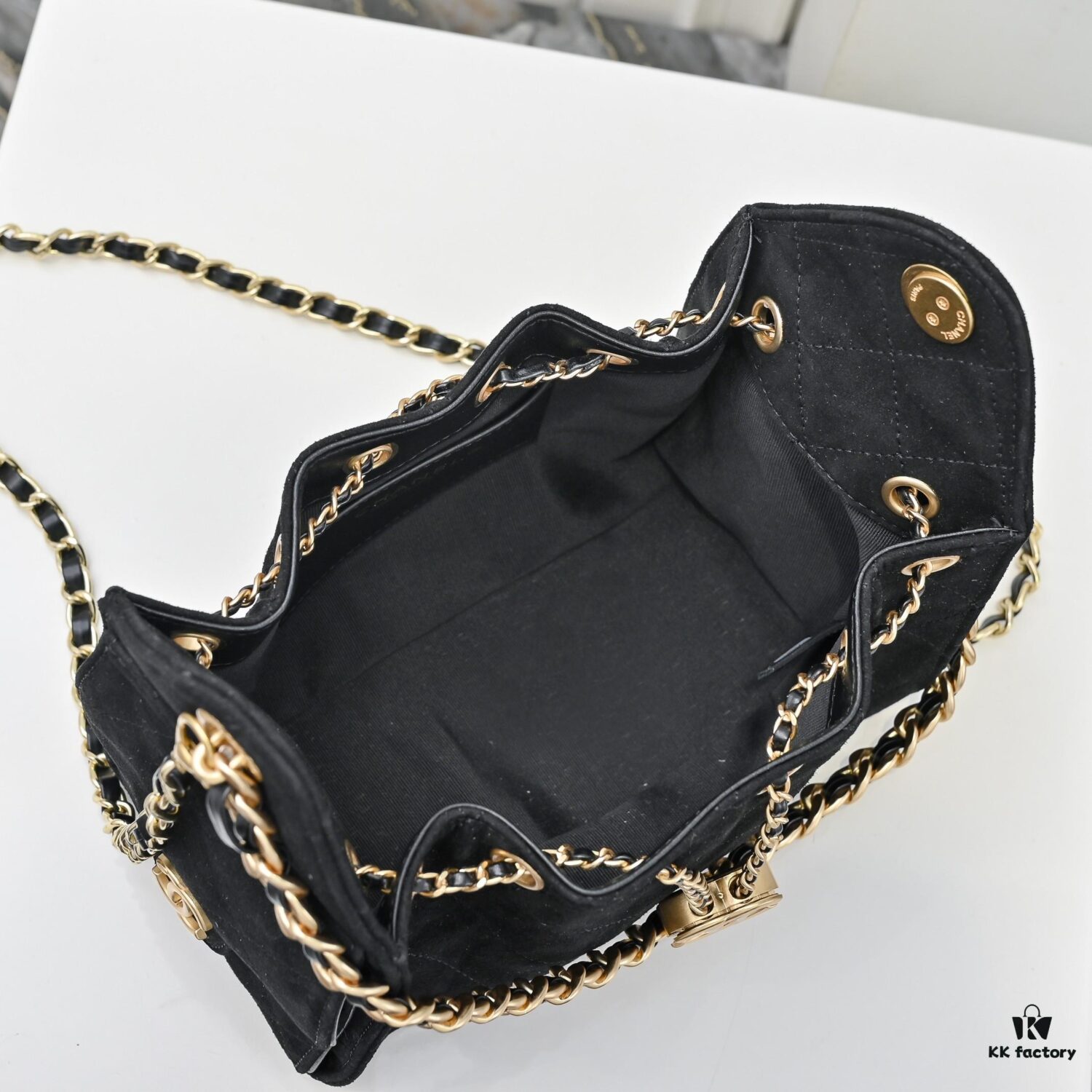 Mini Chanel 25C Bag Hobo Suede Crossbody Bucket Bag with Vintage Coin Toggle Drawstring, Quilted Design, Retro Black and Gold Hardware, Classic Chain Strap