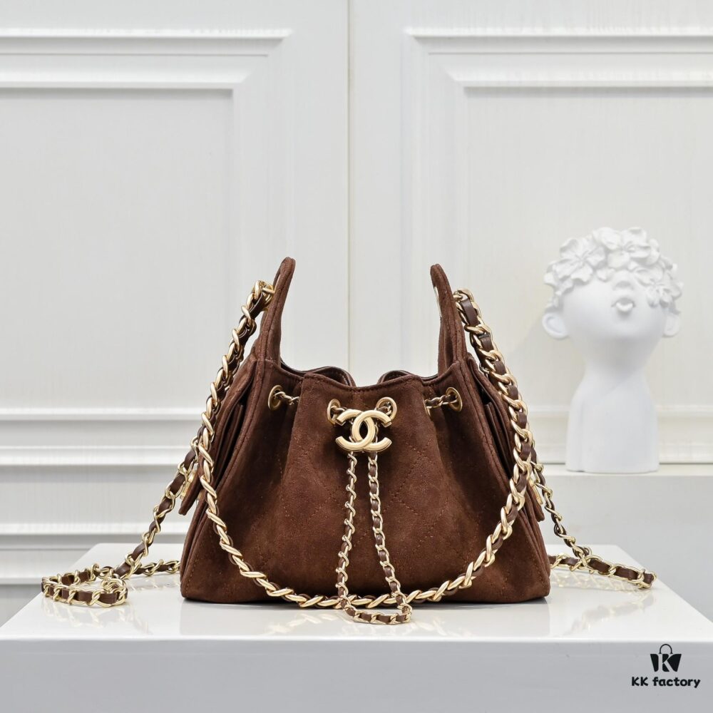 Mini Chanel 25C Bag Hobo Suede Crossbody Bucket Bag with Vintage Coin Toggle Drawstring, Quilted Design, Retro Black and Gold Hardware, Classic Chain Strap