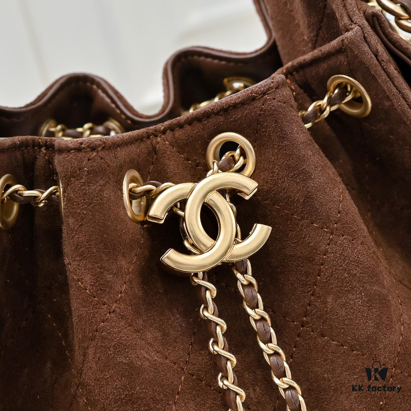 Mini Chanel 25C Bag Hobo Suede Crossbody Bucket Bag with Vintage Coin Toggle Drawstring, Quilted Design, Retro Black and Gold Hardware, Classic Chain Strap