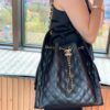 Large Size Suede, Frosted Upgrade Chanel 25C Hobo Bag, Vintage Coin Button Drawstring Bucket Bag with Diamond Quilting, Retro Black and Gold, Classic Chain Design