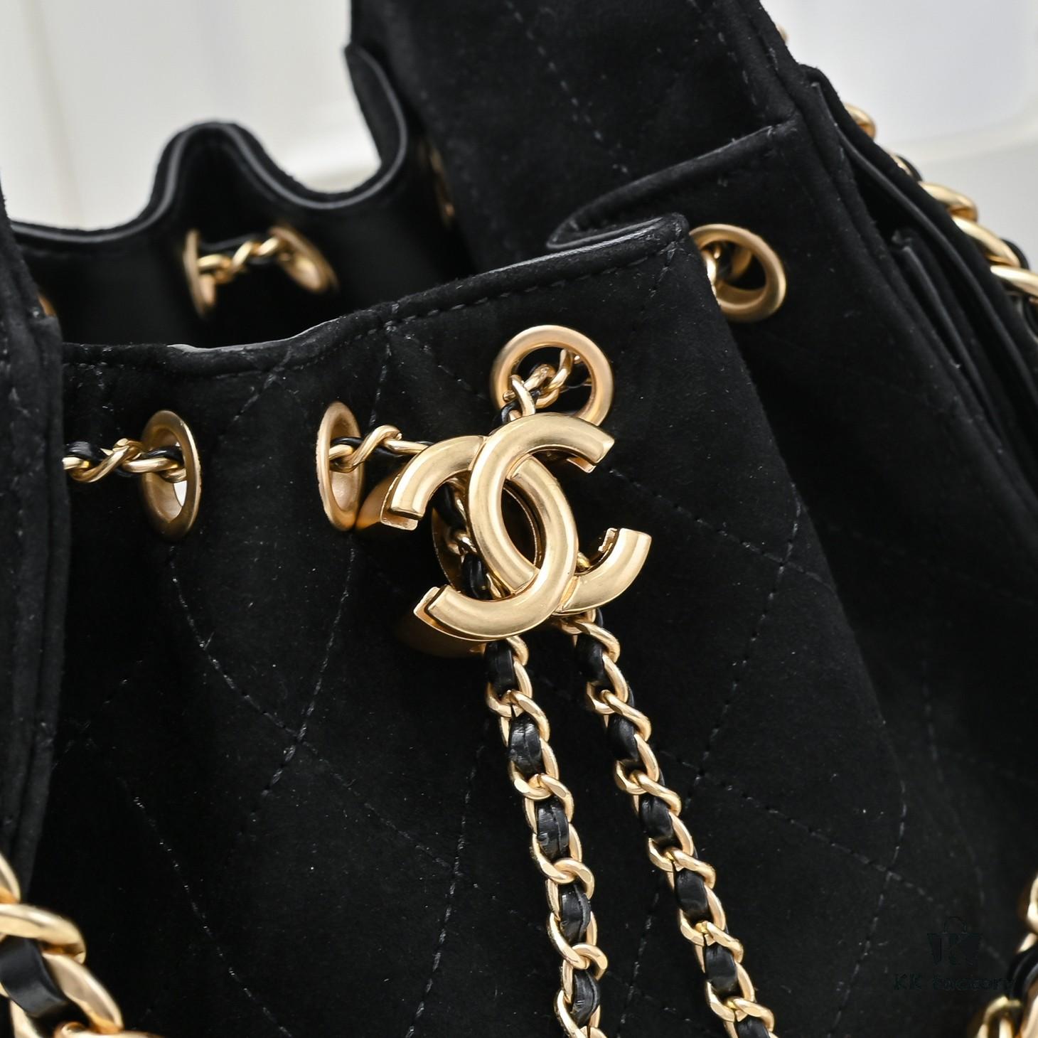 Mini Chanel 25C Bag Hobo Suede Crossbody Bucket Bag with Vintage Coin Toggle Drawstring, Quilted Design, Retro Black and Gold Hardware, Classic Chain Strap