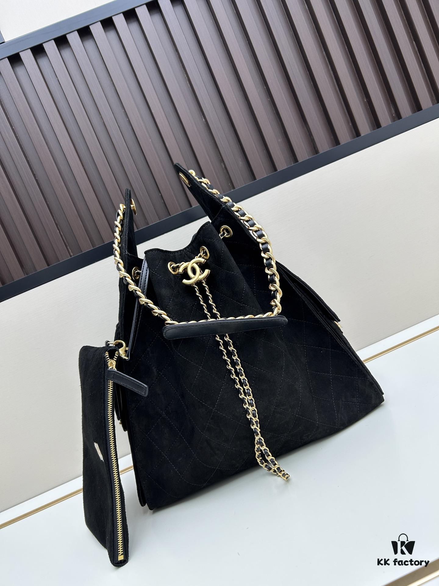 Large Vegan Leather Hobo Bag, Suede Finish, Upgraded Chanel 25C Style, Vintage Coin Button Drawstring Bucket Bag with Diamond Quilting, Retro Black-Gold Hardware, Classic Chain Design