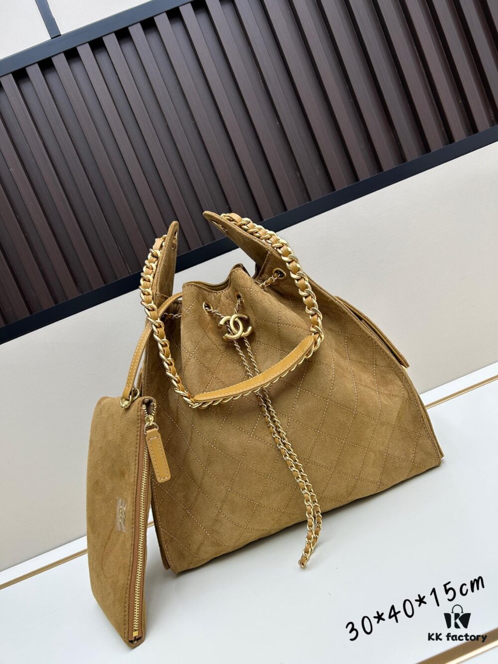 Large Size Suede, Frosted, Upgraded Chanel 25C Style Hobo Bag, Vintage Coin Button Drawstring Bucket Bag with Diamond Quilting and Retro Black-Gold Tone, Classic Chain Design