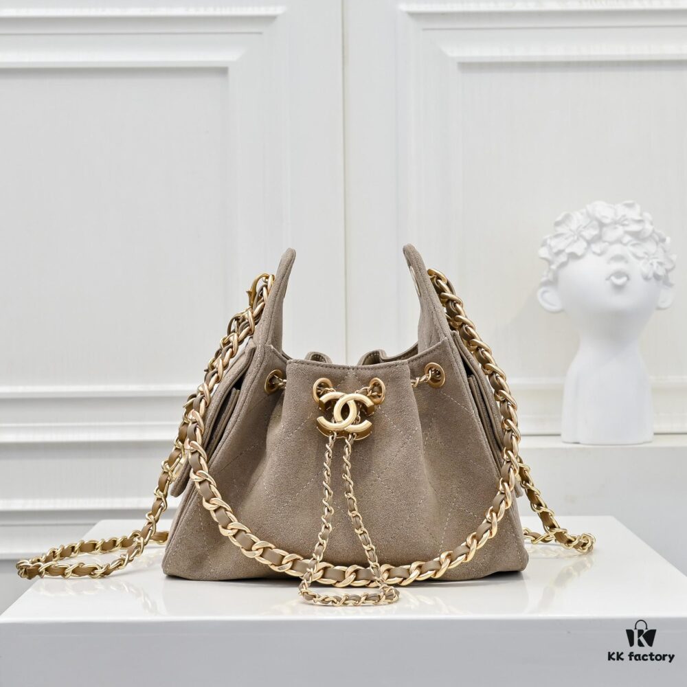 Mini Chanel 25C Hobo Bag in Suede, Crossbody Bucket Bag with Vintage Coin Toggle Drawstring, Diamond Quilting, Retro Black-Gold Hardware, Classic Chain Design