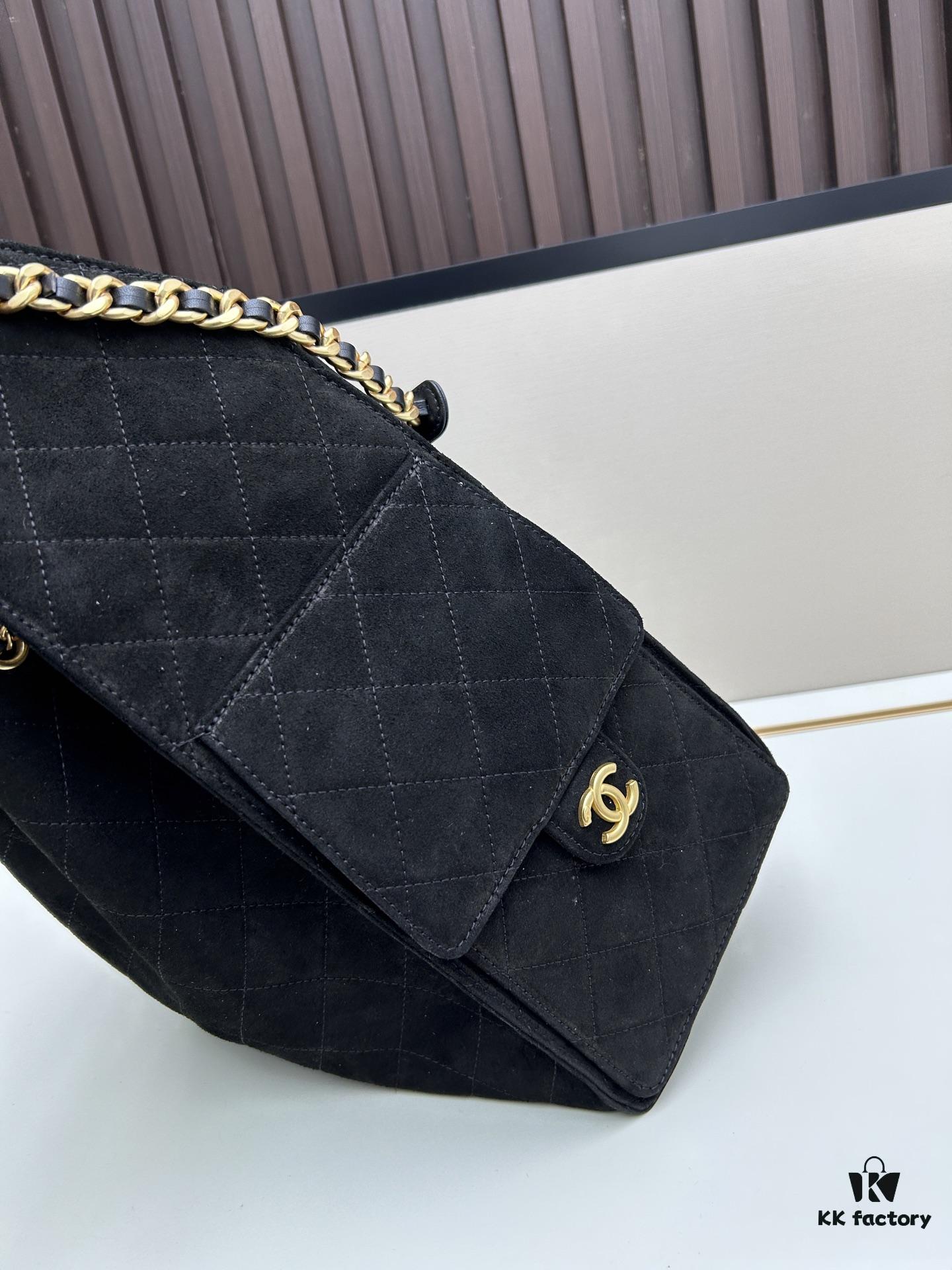 Large Vegan Leather Hobo Bag, Suede Finish, Upgraded Chanel 25C Style, Vintage Coin Button Drawstring Bucket Bag with Diamond Quilting, Retro Black-Gold Hardware, Classic Chain Design