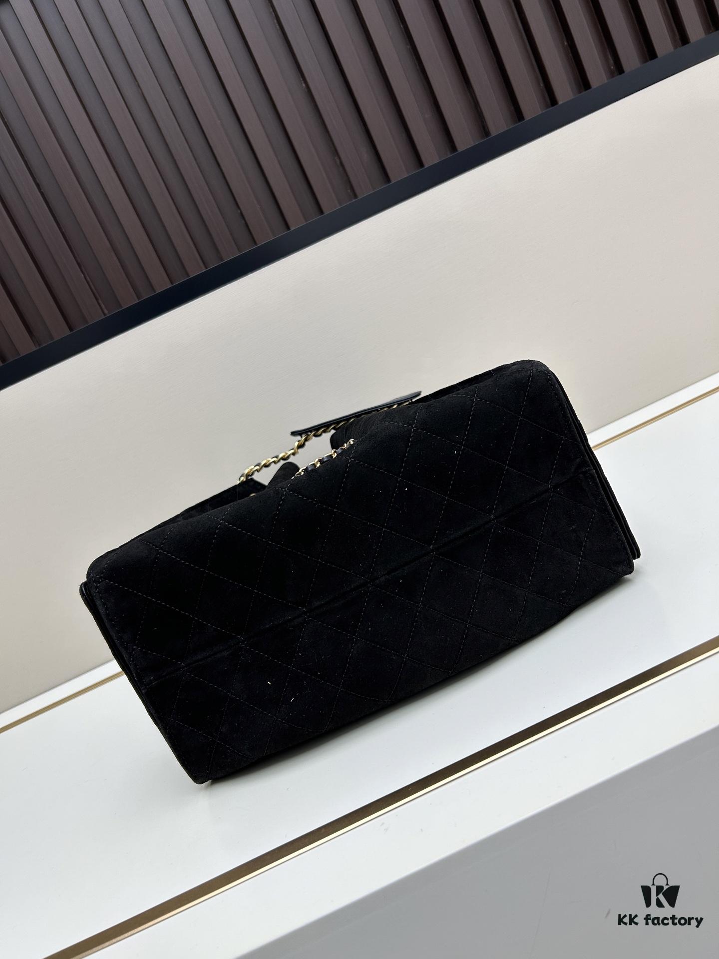 Large Vegan Leather Hobo Bag, Suede Finish, Upgraded Chanel 25C Style, Vintage Coin Button Drawstring Bucket Bag with Diamond Quilting, Retro Black-Gold Hardware, Classic Chain Design