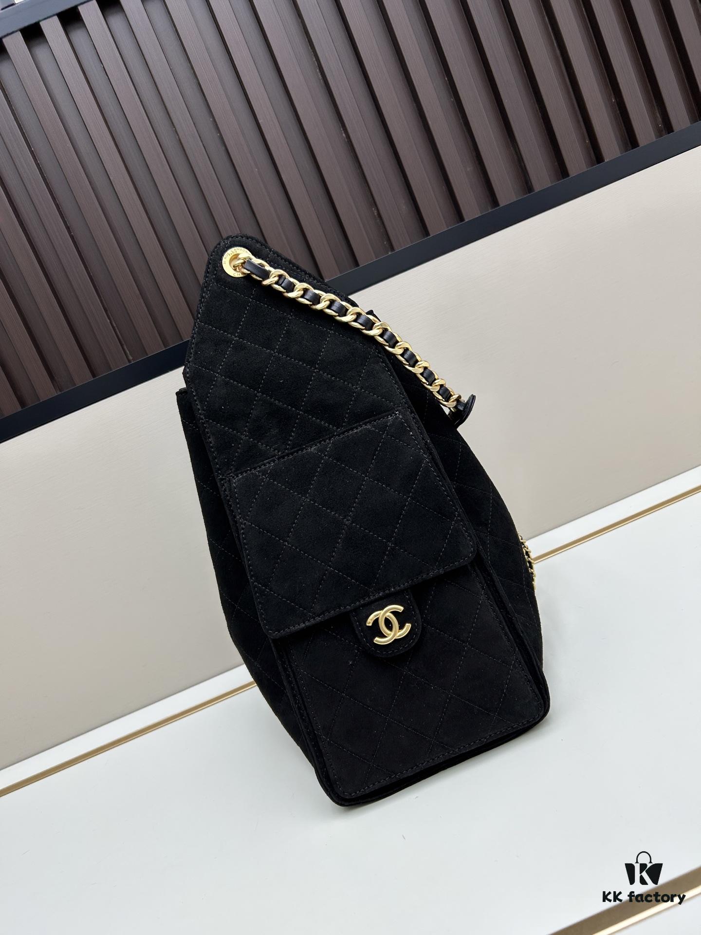 Large Vegan Leather Hobo Bag, Suede Finish, Upgraded Chanel 25C Style, Vintage Coin Button Drawstring Bucket Bag with Diamond Quilting, Retro Black-Gold Hardware, Classic Chain Design