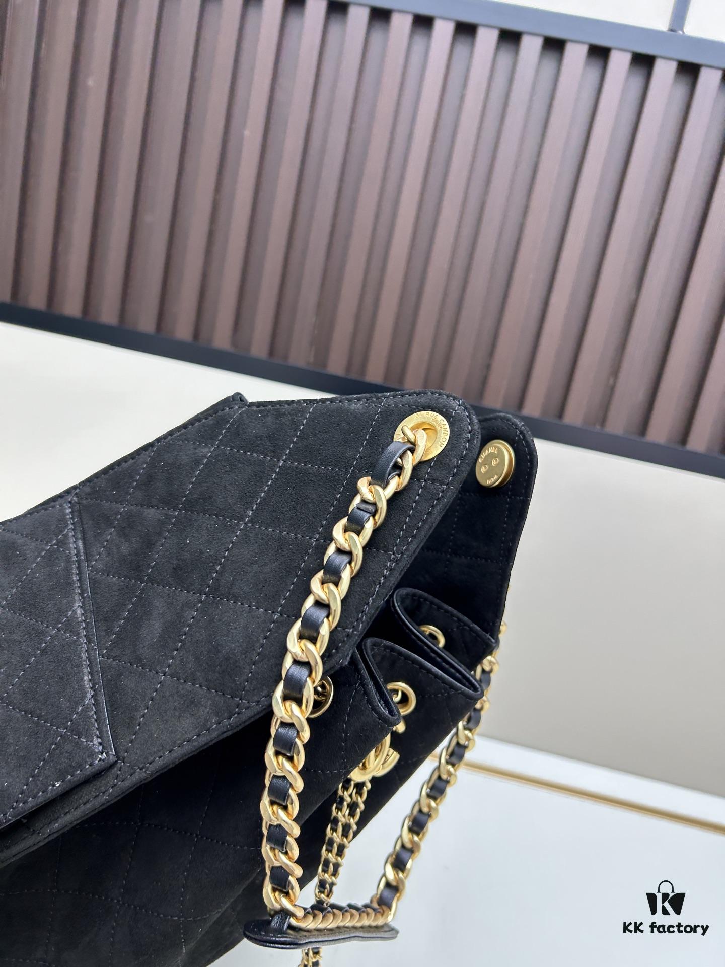 Large Vegan Leather Hobo Bag, Suede Finish, Upgraded Chanel 25C Style, Vintage Coin Button Drawstring Bucket Bag with Diamond Quilting, Retro Black-Gold Hardware, Classic Chain Design