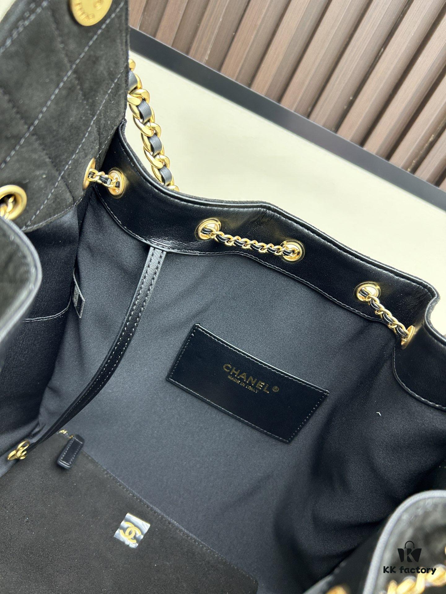 Large Vegan Leather Hobo Bag, Suede Finish, Upgraded Chanel 25C Style, Vintage Coin Button Drawstring Bucket Bag with Diamond Quilting, Retro Black-Gold Hardware, Classic Chain Design