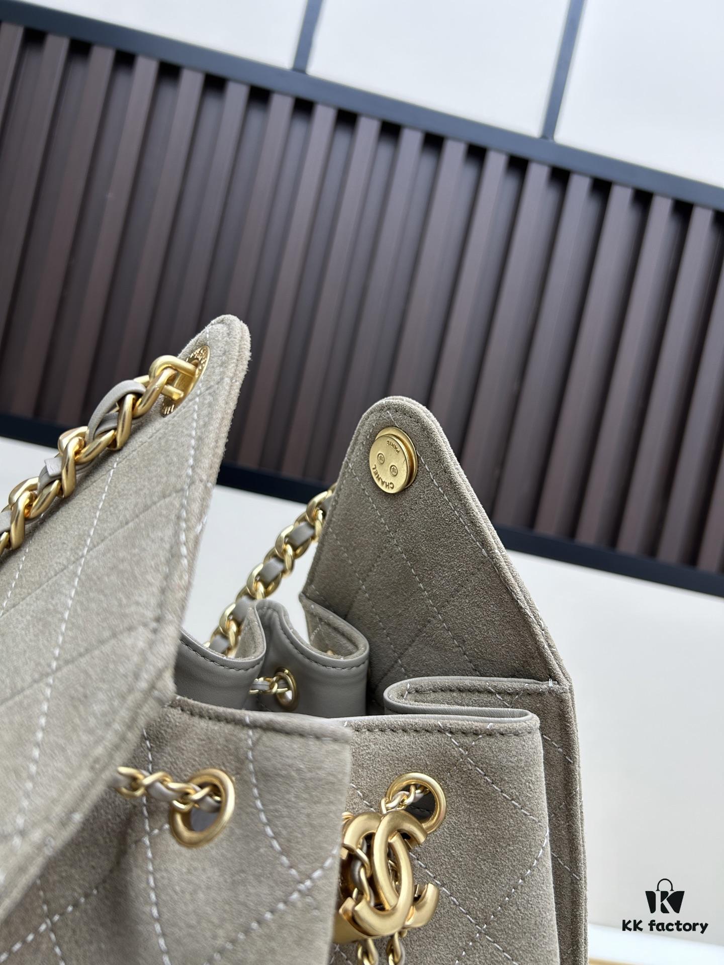 Large Size Suede, Frosted Upgrade Version Chanel 25C Hobo Bag, Vintage Coin Button Drawstring Bucket Bag with Diamond Quilting, Retro Black and Gold, Classic Chain Design