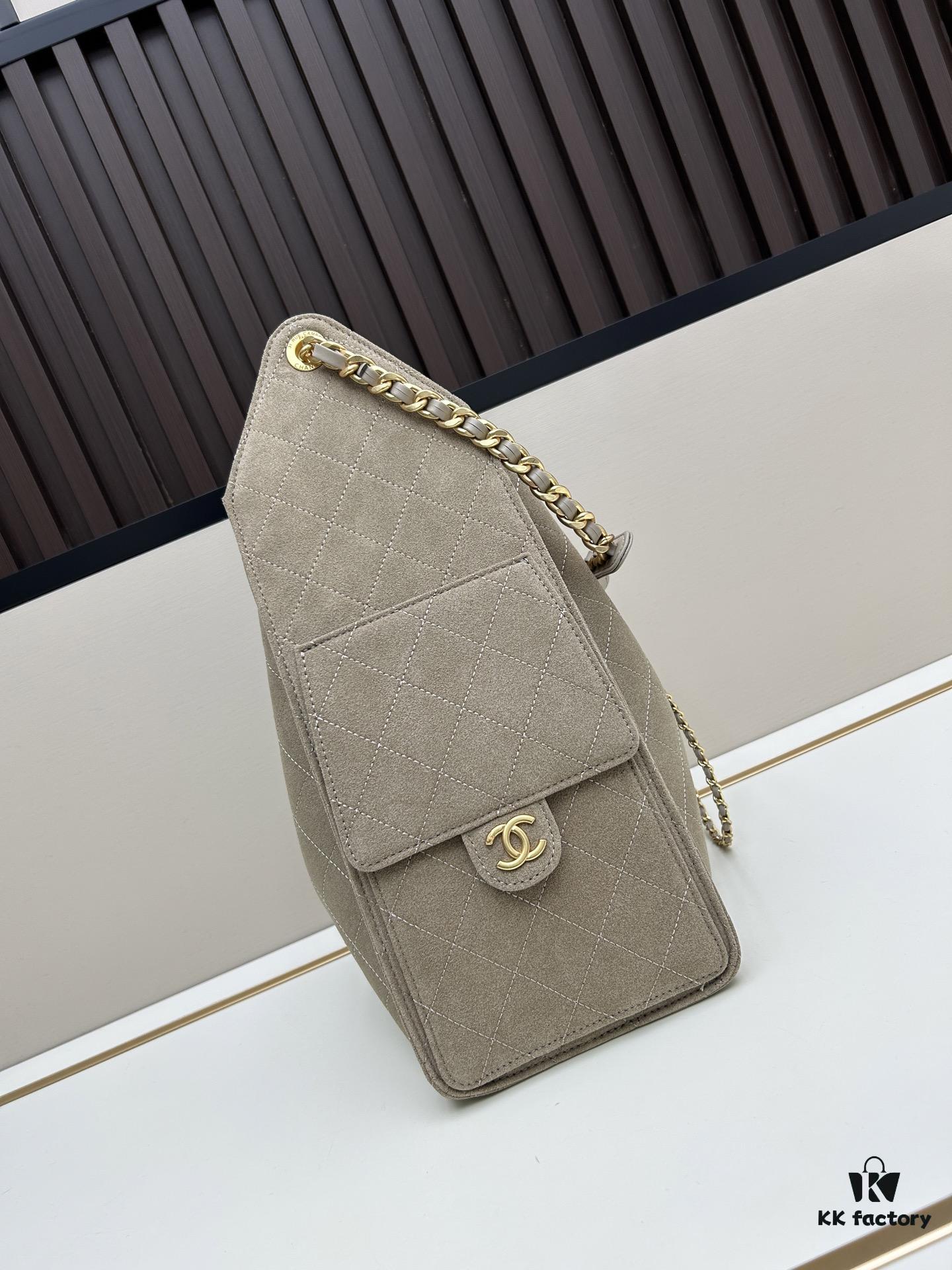 Large Size Suede, Frosted Upgrade Version Chanel 25C Hobo Bag, Vintage Coin Button Drawstring Bucket Bag with Diamond Quilting, Retro Black and Gold, Classic Chain Design