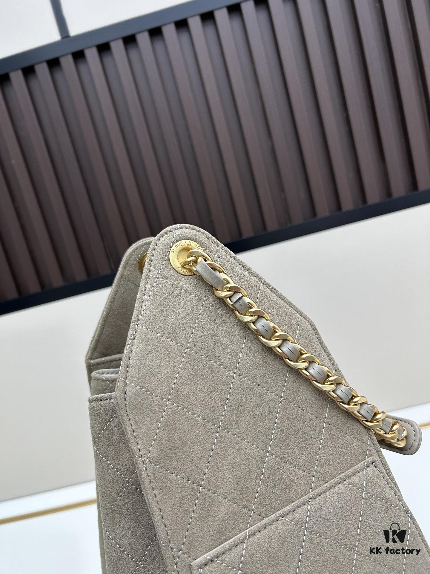 Large Size Suede, Frosted Upgrade Version Chanel 25C Hobo Bag, Vintage Coin Button Drawstring Bucket Bag with Diamond Quilting, Retro Black and Gold, Classic Chain Design