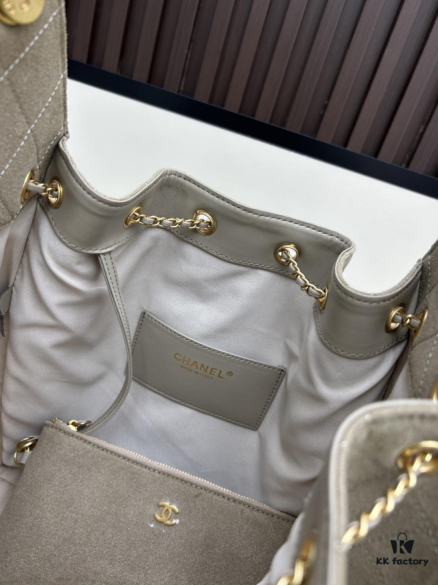 Large Size Suede, Frosted Upgrade Version Chanel 25C Hobo Bag, Vintage Coin Button Drawstring Bucket Bag with Diamond Quilting, Retro Black and Gold, Classic Chain Design