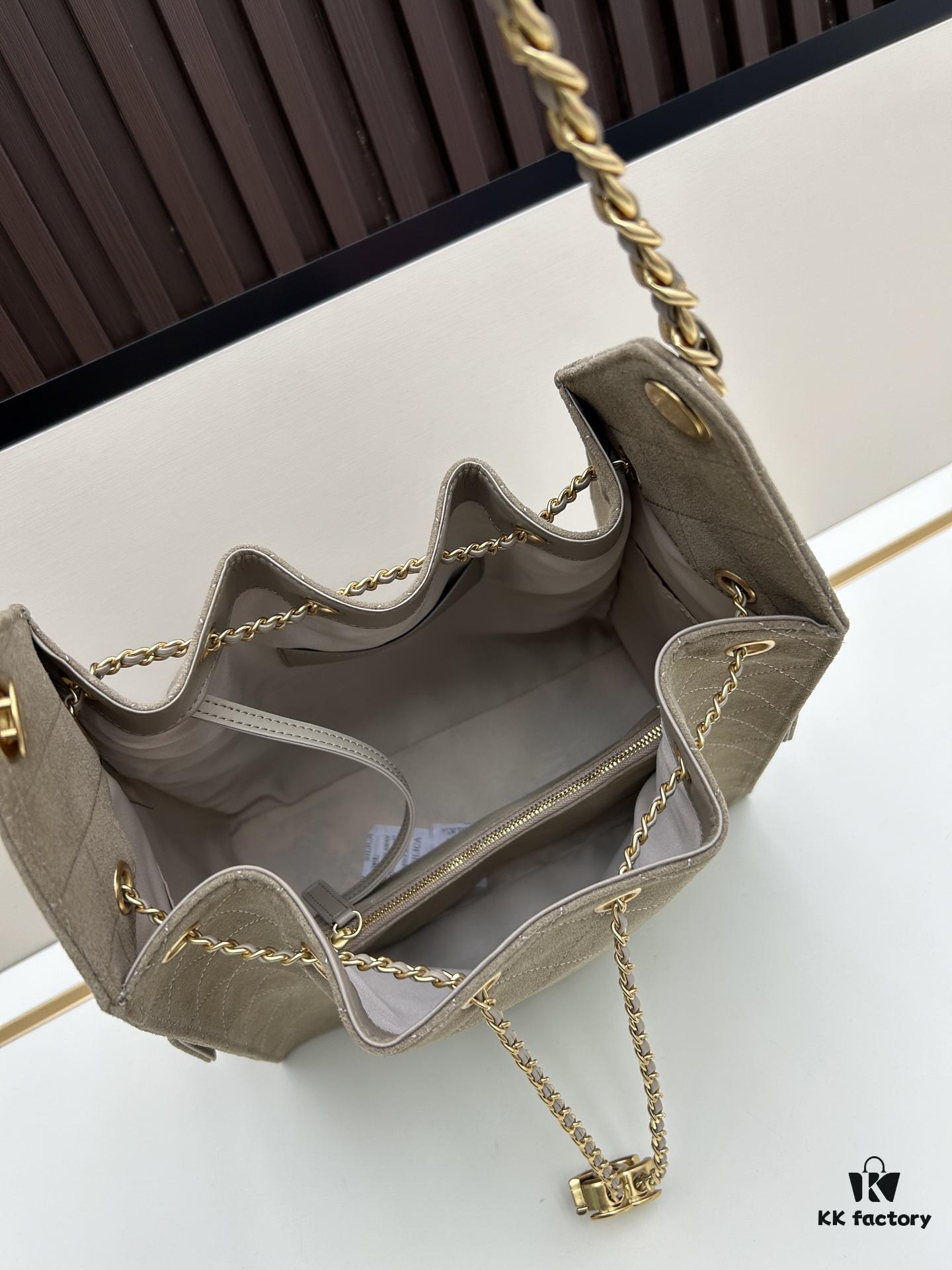 Large Size Suede, Frosted Upgrade Version Chanel 25C Hobo Bag, Vintage Coin Button Drawstring Bucket Bag with Diamond Quilting, Retro Black and Gold, Classic Chain Design