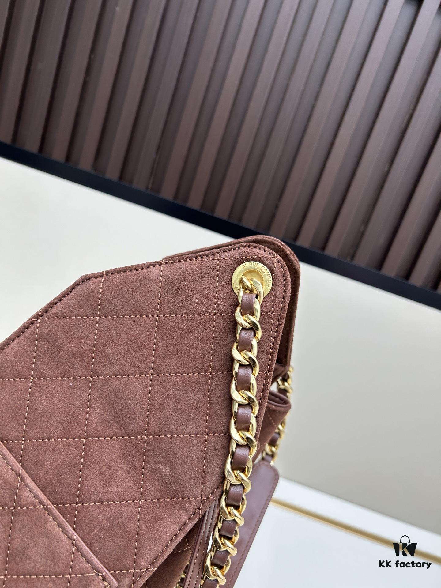 Large Size Suede, Matte Finish, Upgraded Chanel 25C Style Hobo Bag with Vintage Gold Coin Drawstring Closure, Quilted Design, Retro Black and Gold Hardware, Classic Chain Detail