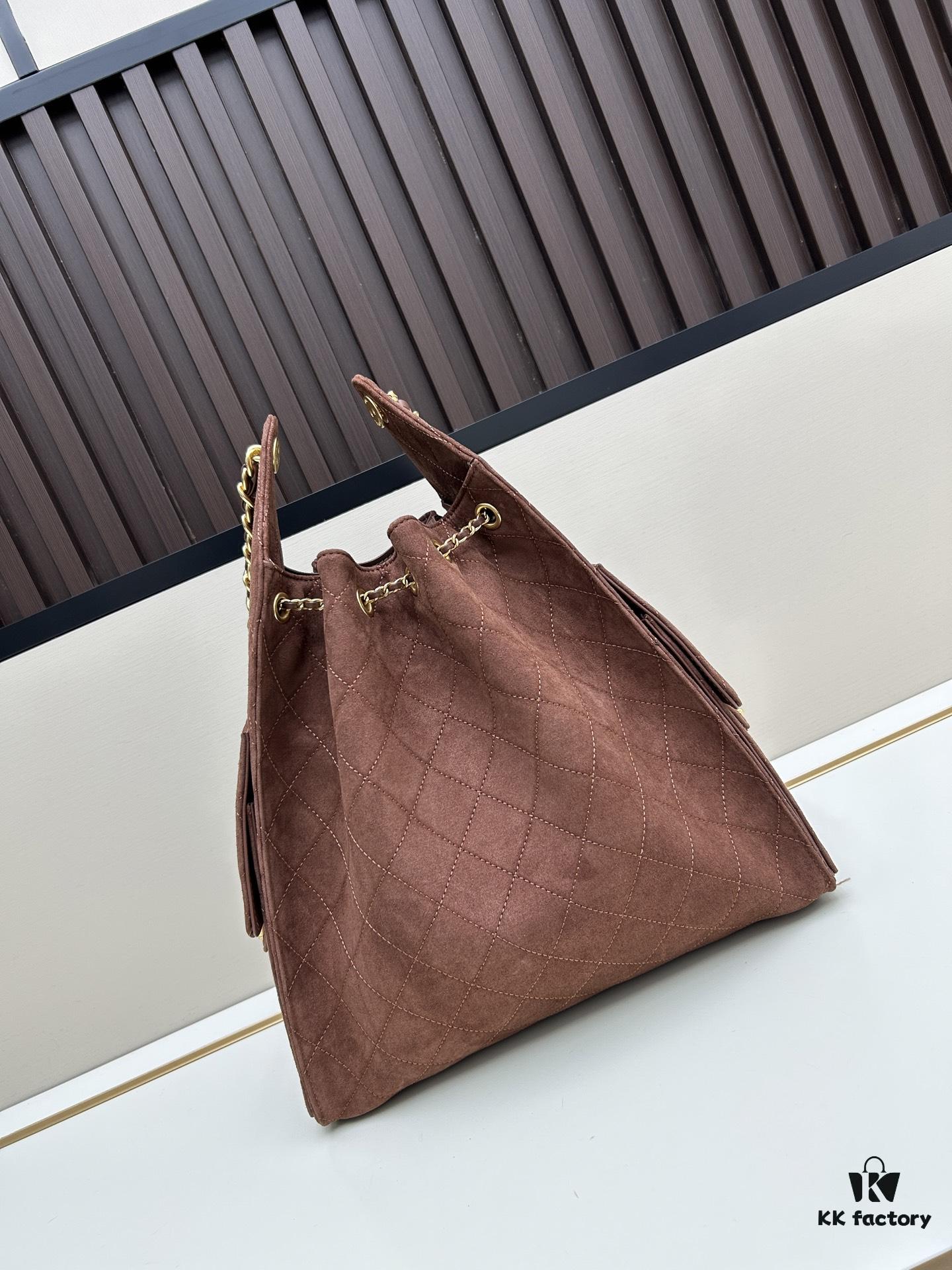 Large Size Suede, Matte Finish, Upgraded Chanel 25C Style Hobo Bag with Vintage Gold Coin Drawstring Closure, Quilted Design, Retro Black and Gold Hardware, Classic Chain Detail