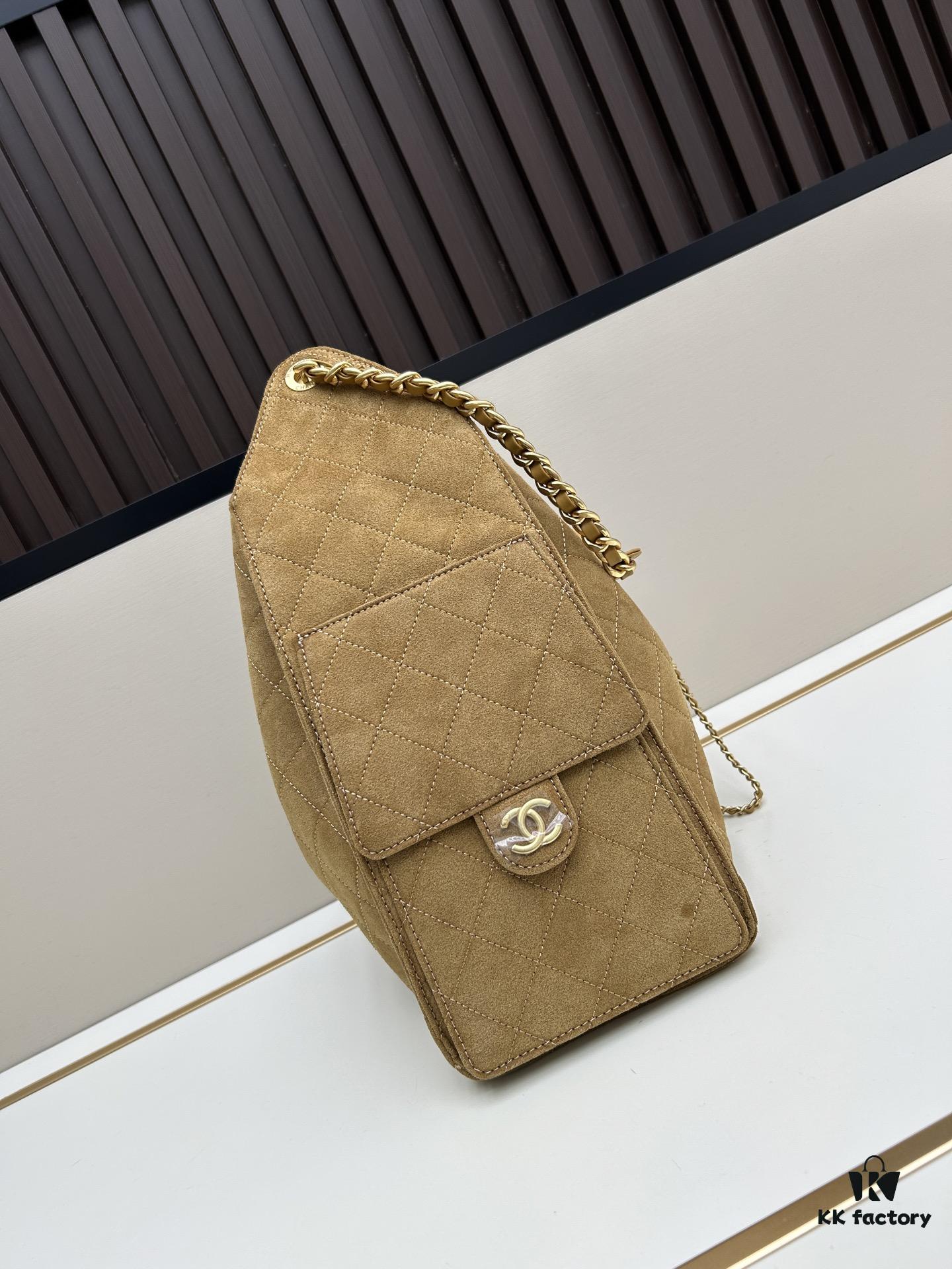 Large Size Suede, Frosted, Upgraded Chanel 25C Style Hobo Bag, Vintage Coin Button Drawstring Bucket Bag with Diamond Quilting and Retro Black-Gold Tone, Classic Chain Design