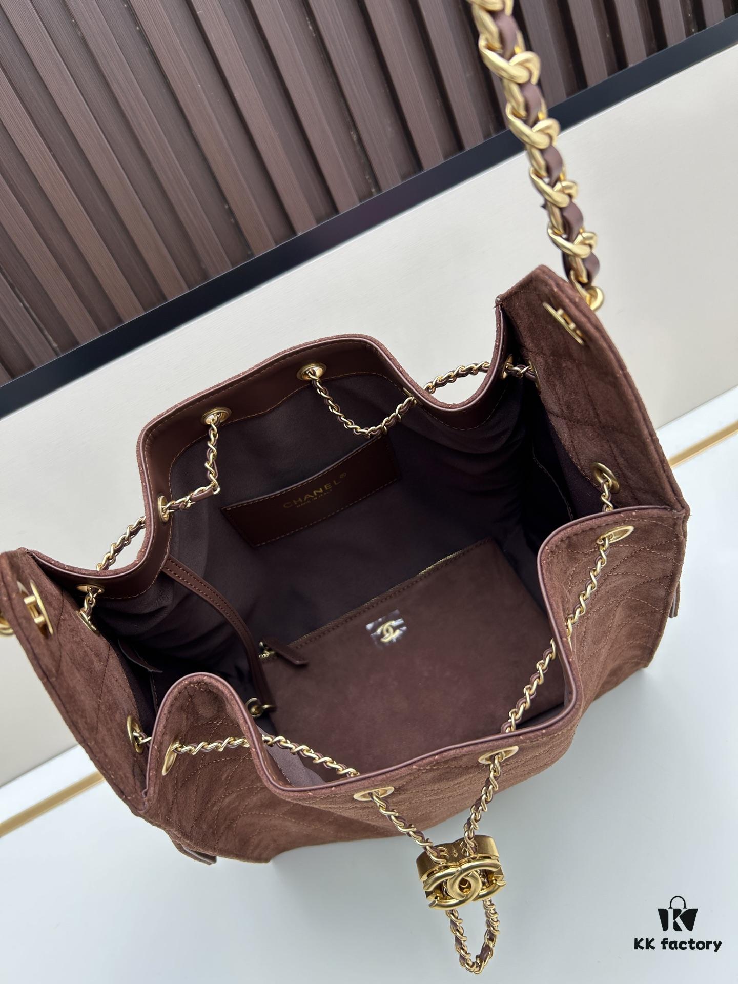 Large Size Suede, Matte Finish, Upgraded Chanel 25C Style Hobo Bag with Vintage Gold Coin Drawstring Closure, Quilted Design, Retro Black and Gold Hardware, Classic Chain Detail