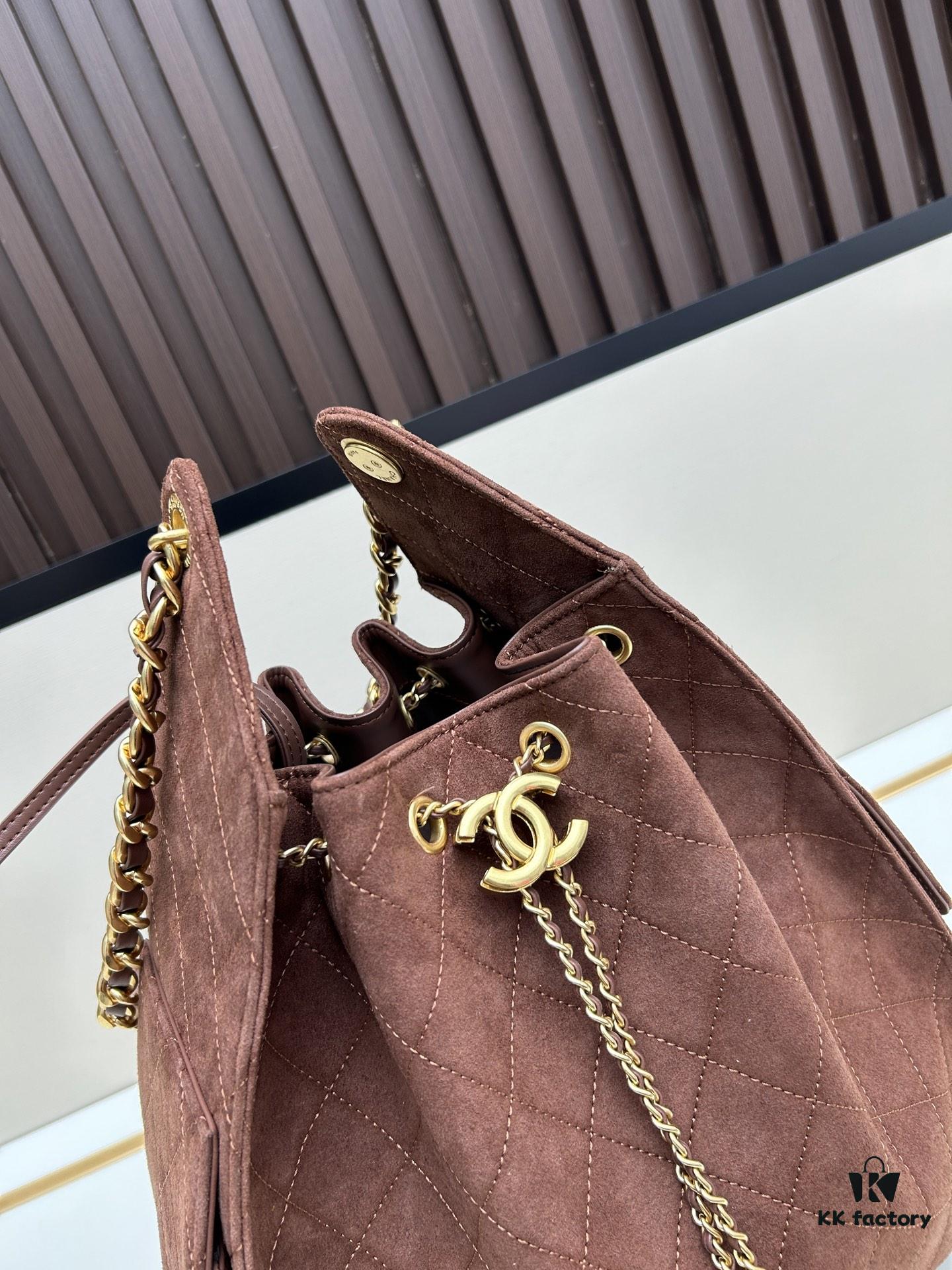 Large Size Suede, Matte Finish, Upgraded Chanel 25C Style Hobo Bag with Vintage Gold Coin Drawstring Closure, Quilted Design, Retro Black and Gold Hardware, Classic Chain Detail