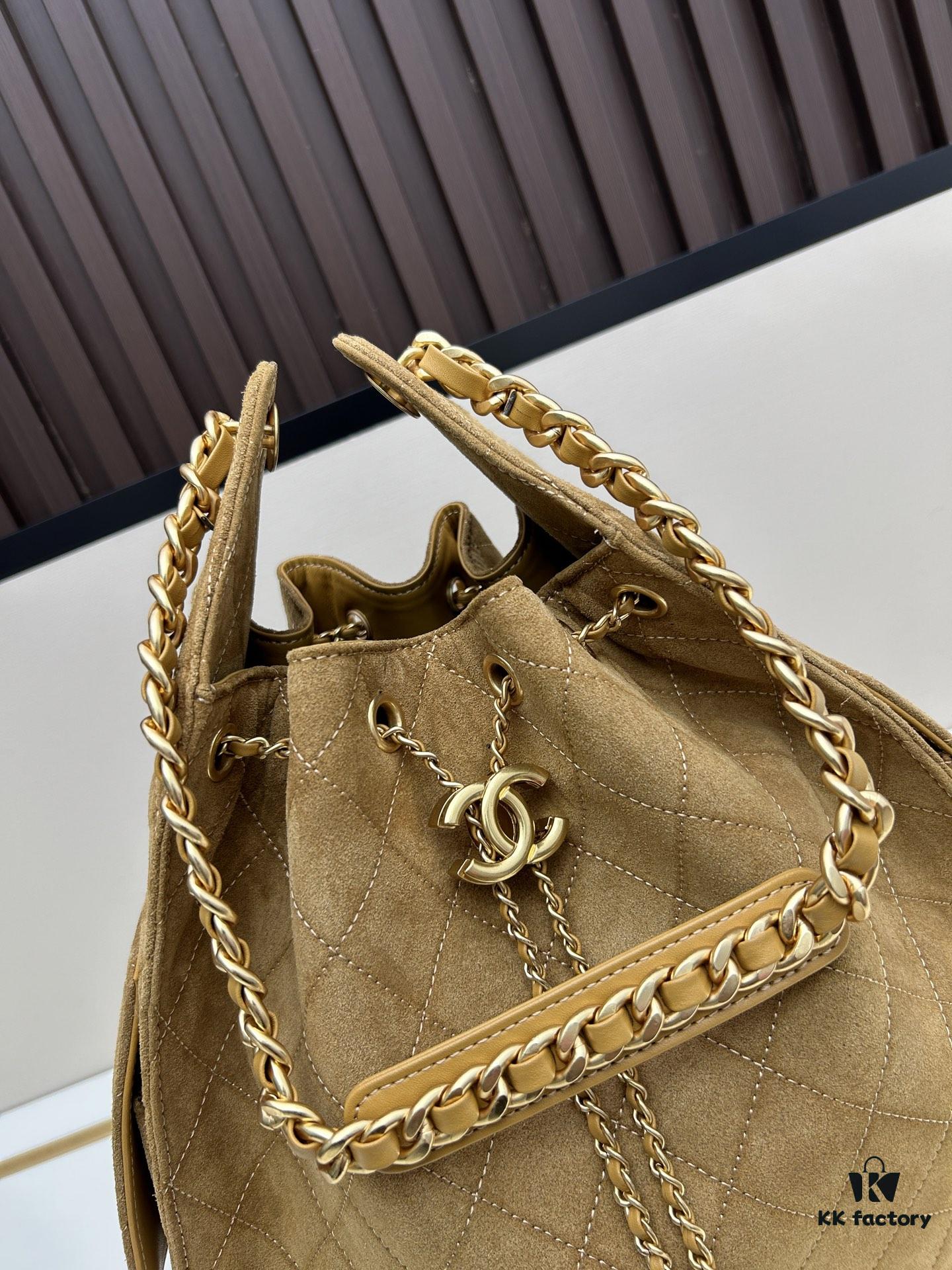 Large Size Suede, Frosted, Upgraded Chanel 25C Style Hobo Bag, Vintage Coin Button Drawstring Bucket Bag with Diamond Quilting and Retro Black-Gold Tone, Classic Chain Design