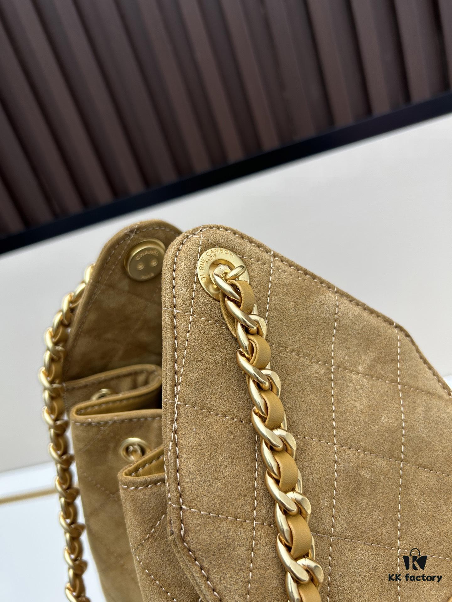 Large Size Suede, Frosted, Upgraded Chanel 25C Style Hobo Bag, Vintage Coin Button Drawstring Bucket Bag with Diamond Quilting and Retro Black-Gold Tone, Classic Chain Design