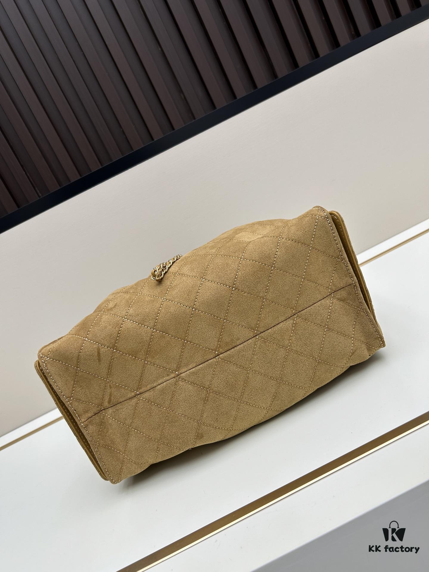 Large Size Suede, Frosted, Upgraded Chanel 25C Style Hobo Bag, Vintage Coin Button Drawstring Bucket Bag with Diamond Quilting and Retro Black-Gold Tone, Classic Chain Design