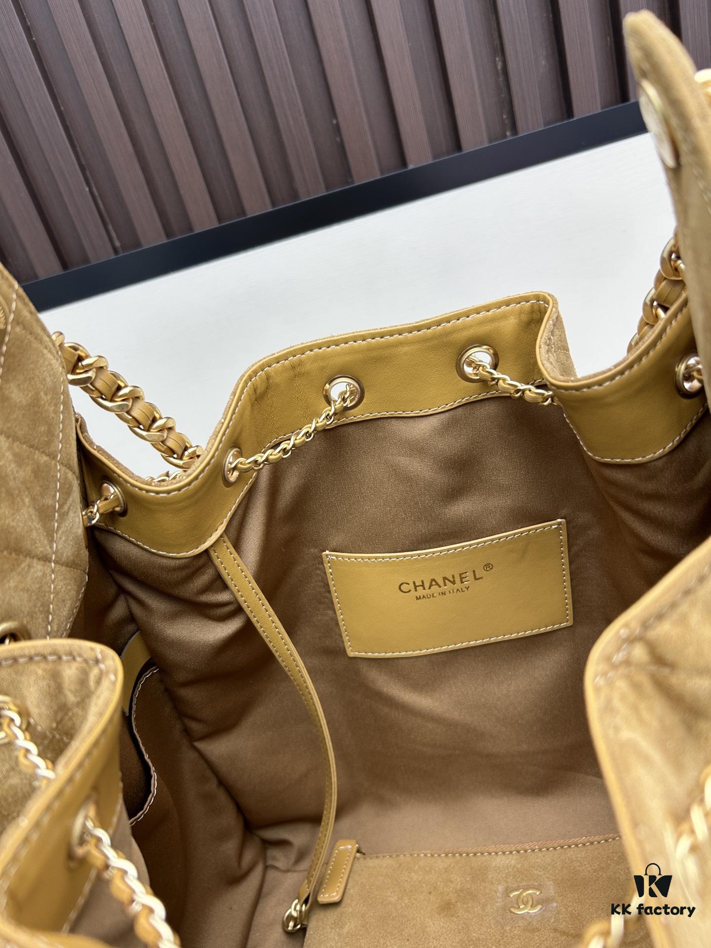 Large Size Suede, Frosted, Upgraded Chanel 25C Style Hobo Bag, Vintage Coin Button Drawstring Bucket Bag with Diamond Quilting and Retro Black-Gold Tone, Classic Chain Design