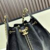Large Size Suede, Matte Finish, Upgraded Chanel 25C Style Hobo Bag with Vintage Coin Buckle Drawstring Bucket Bag + Diamond Quilting + Retro Black and Gold, Classic Chain Design