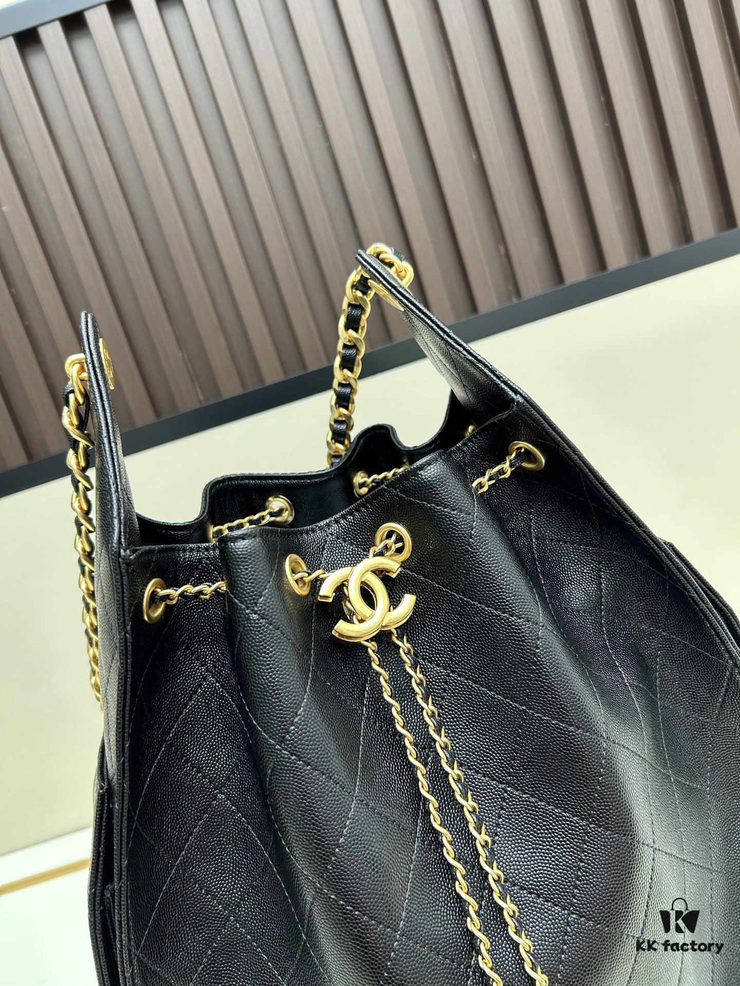 Large Size Suede, Matte Finish, Upgraded Chanel 25C Style Hobo Bag with Vintage Coin Buckle Drawstring Bucket Bag + Diamond Quilting + Retro Black and Gold, Classic Chain Design