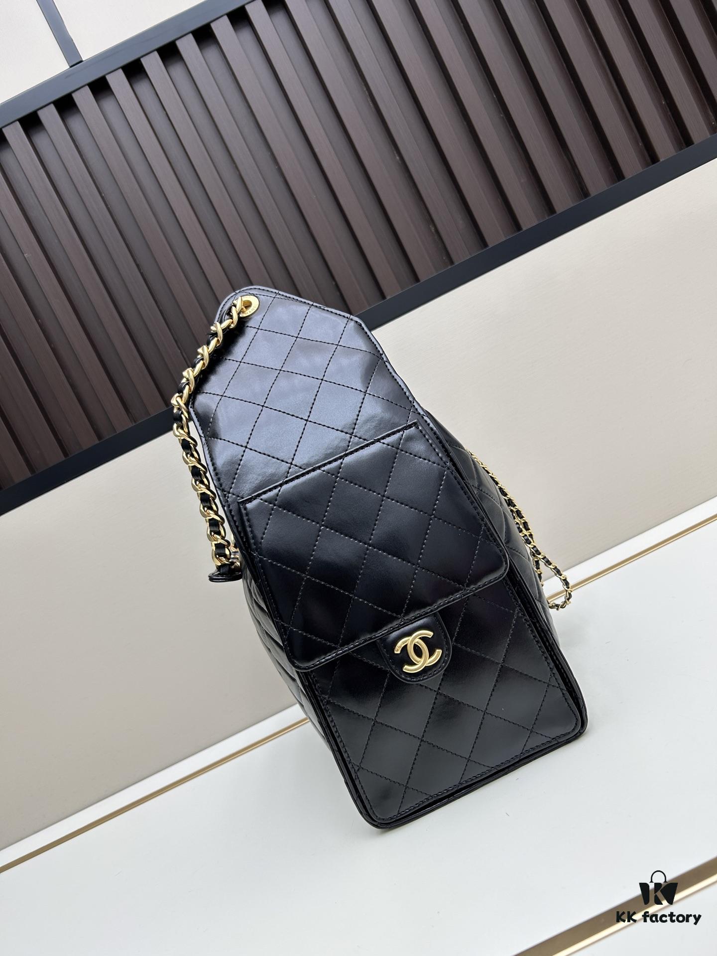 Large Vegan Leather Hobo Bag, Suede Finish, Upgraded Chanel 25C Style, Vintage Coin Button Drawstring Bucket Bag with Diamond Quilting, Retro Black-Gold Hardware, Classic Chain Design