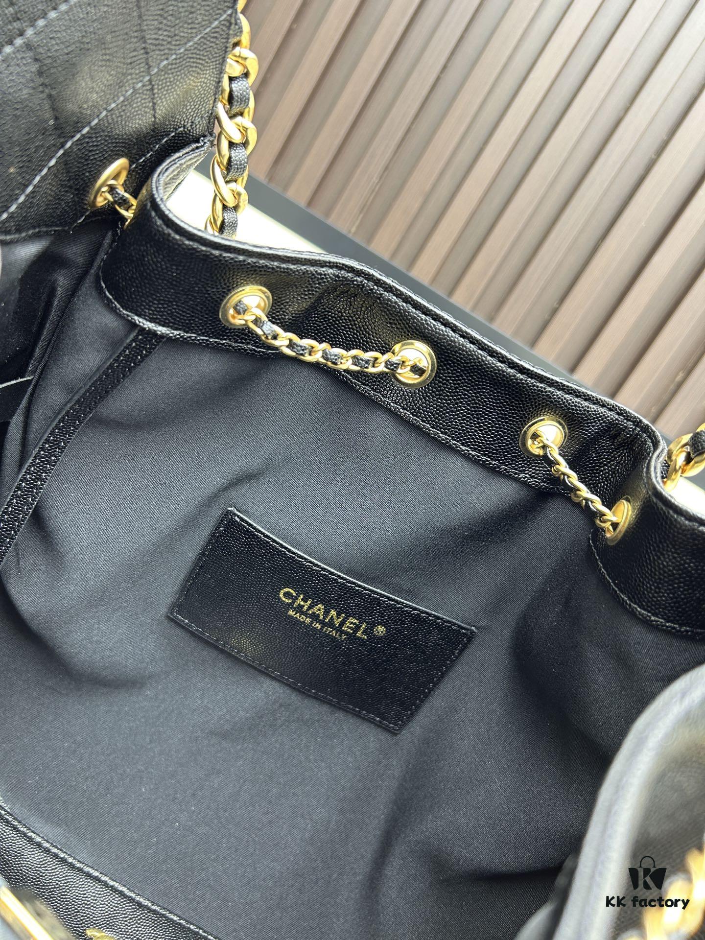 Large Size Suede, Matte Finish, Upgraded Chanel 25C Style Hobo Bag with Vintage Coin Buckle Drawstring Bucket Bag + Diamond Quilting + Retro Black and Gold, Classic Chain Design