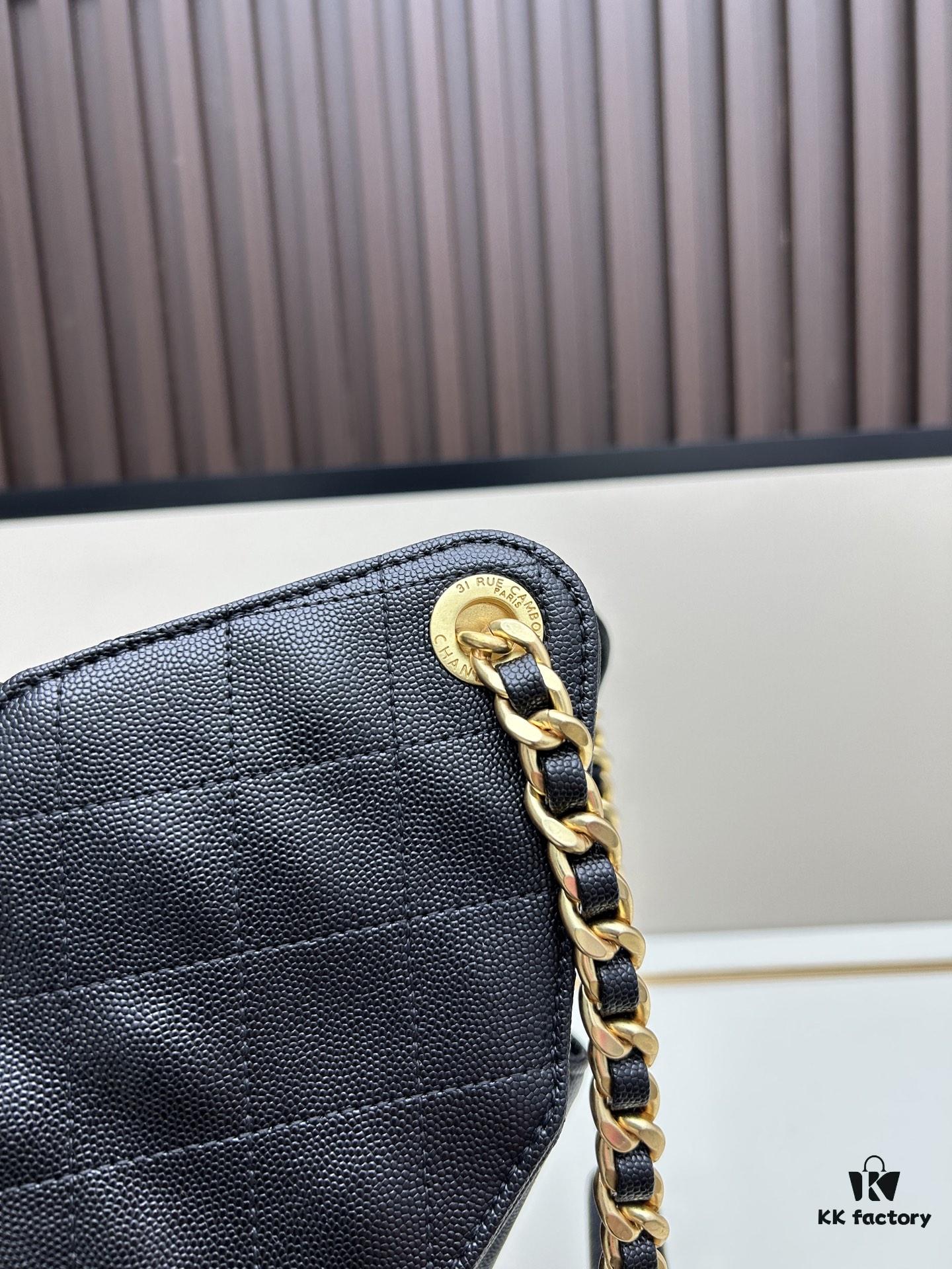 Large Size Suede, Matte Finish, Upgraded Chanel 25C Style Hobo Bag with Vintage Coin Buckle Drawstring Bucket Bag + Diamond Quilting + Retro Black and Gold, Classic Chain Design