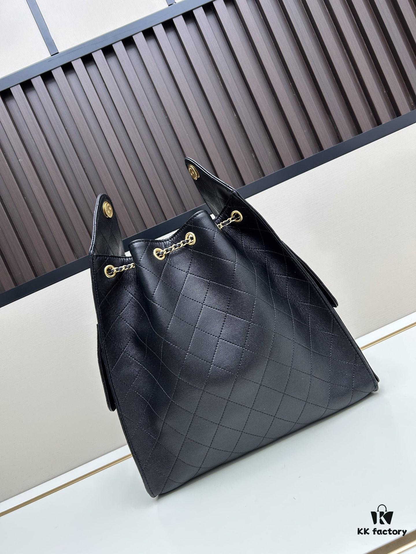 Large Size Suede, Matte Finish, Upgraded Chanel 25C Style Hobo Bag with Vintage Coin Buckle Drawstring Bucket Bag + Diamond Quilting + Retro Black and Gold, Classic Chain Design