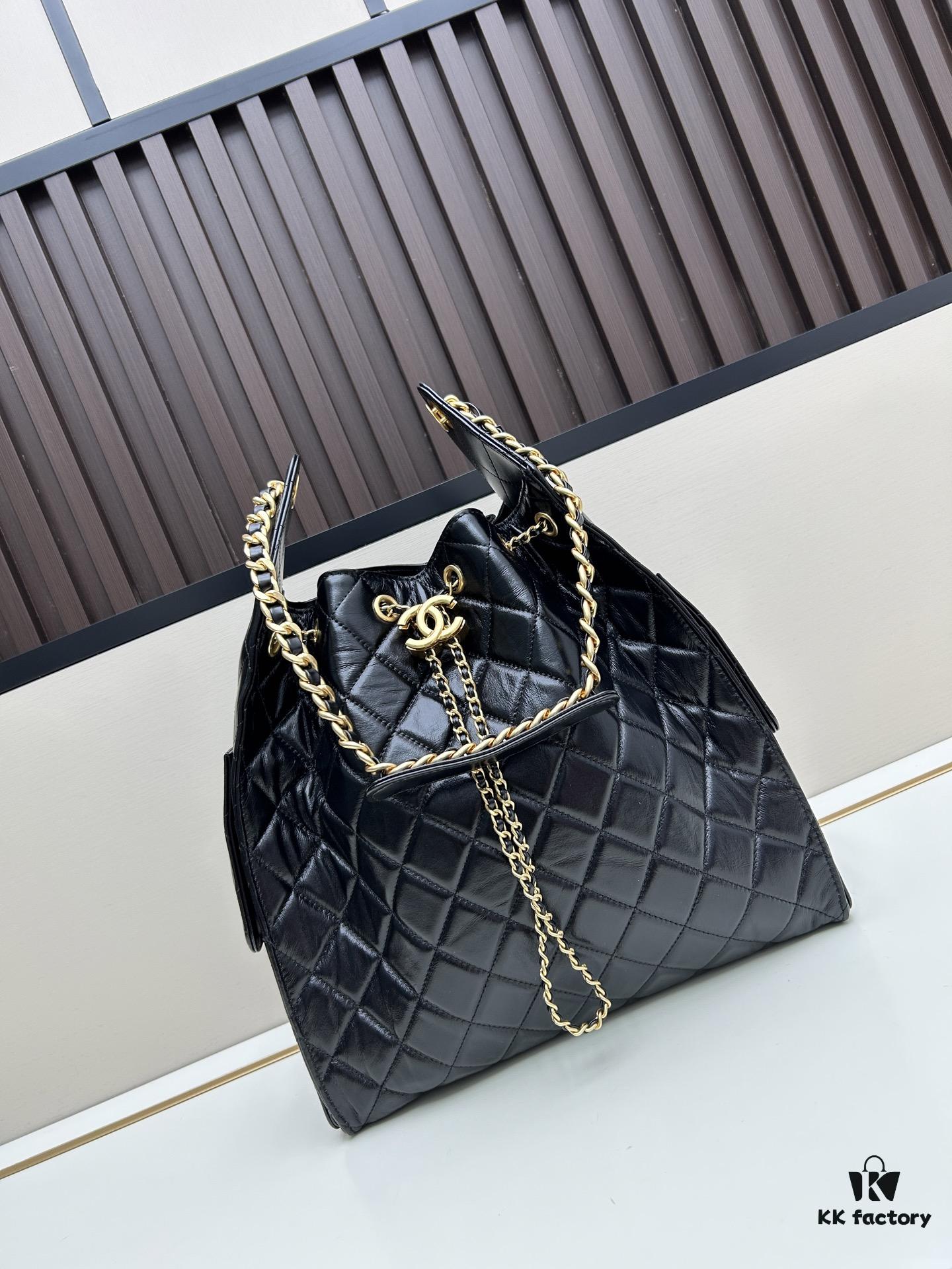 Large Vegan Leather Hobo Bag, Suede Finish, Upgraded Chanel 25C Style, Vintage Coin Button Drawstring Bucket Bag with Diamond Quilting, Retro Black-Gold Hardware, Classic Chain Design