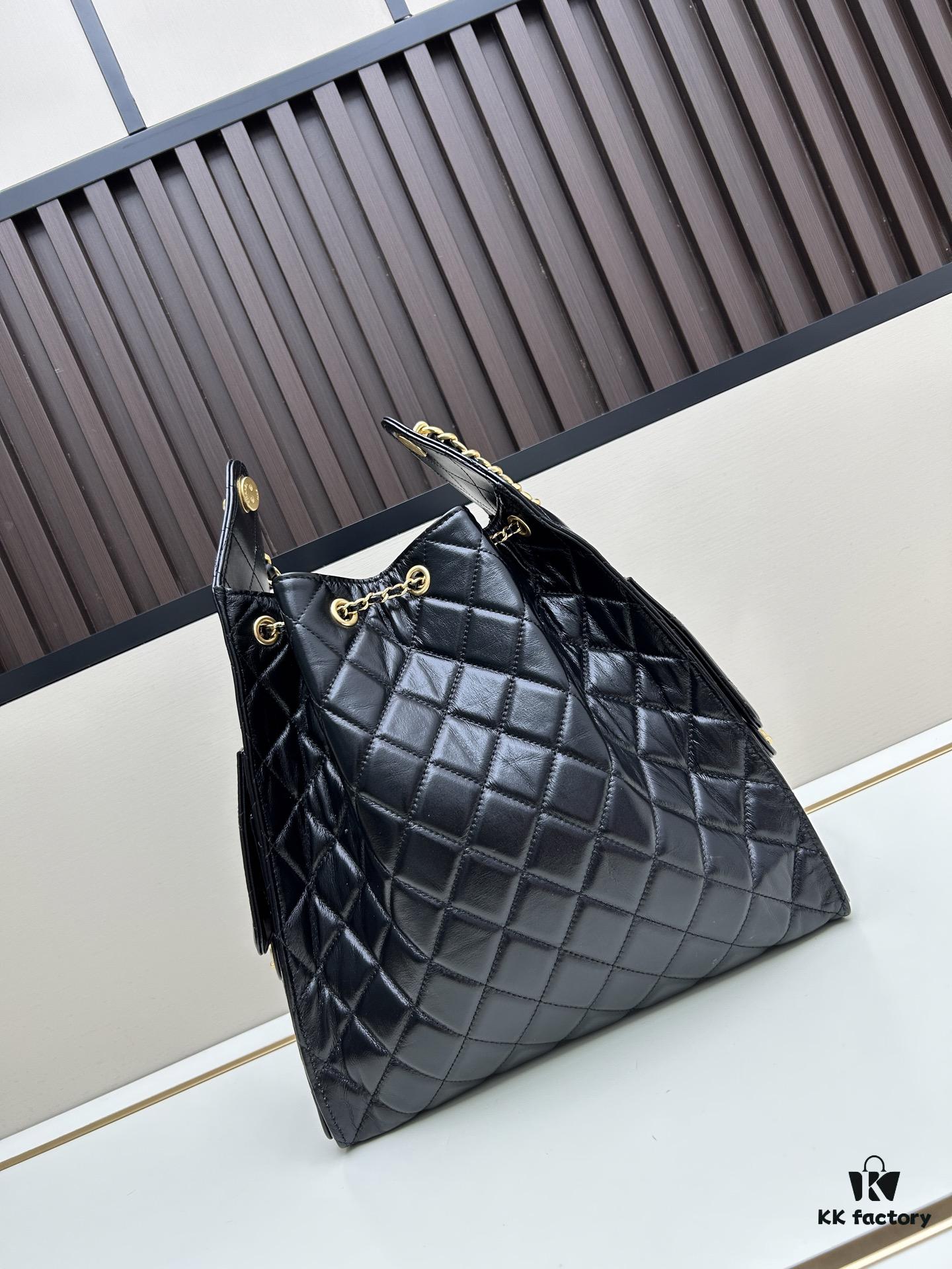 Large Vegan Leather Hobo Bag, Suede Finish, Upgraded Chanel 25C Style, Vintage Coin Button Drawstring Bucket Bag with Diamond Quilting, Retro Black-Gold Hardware, Classic Chain Design