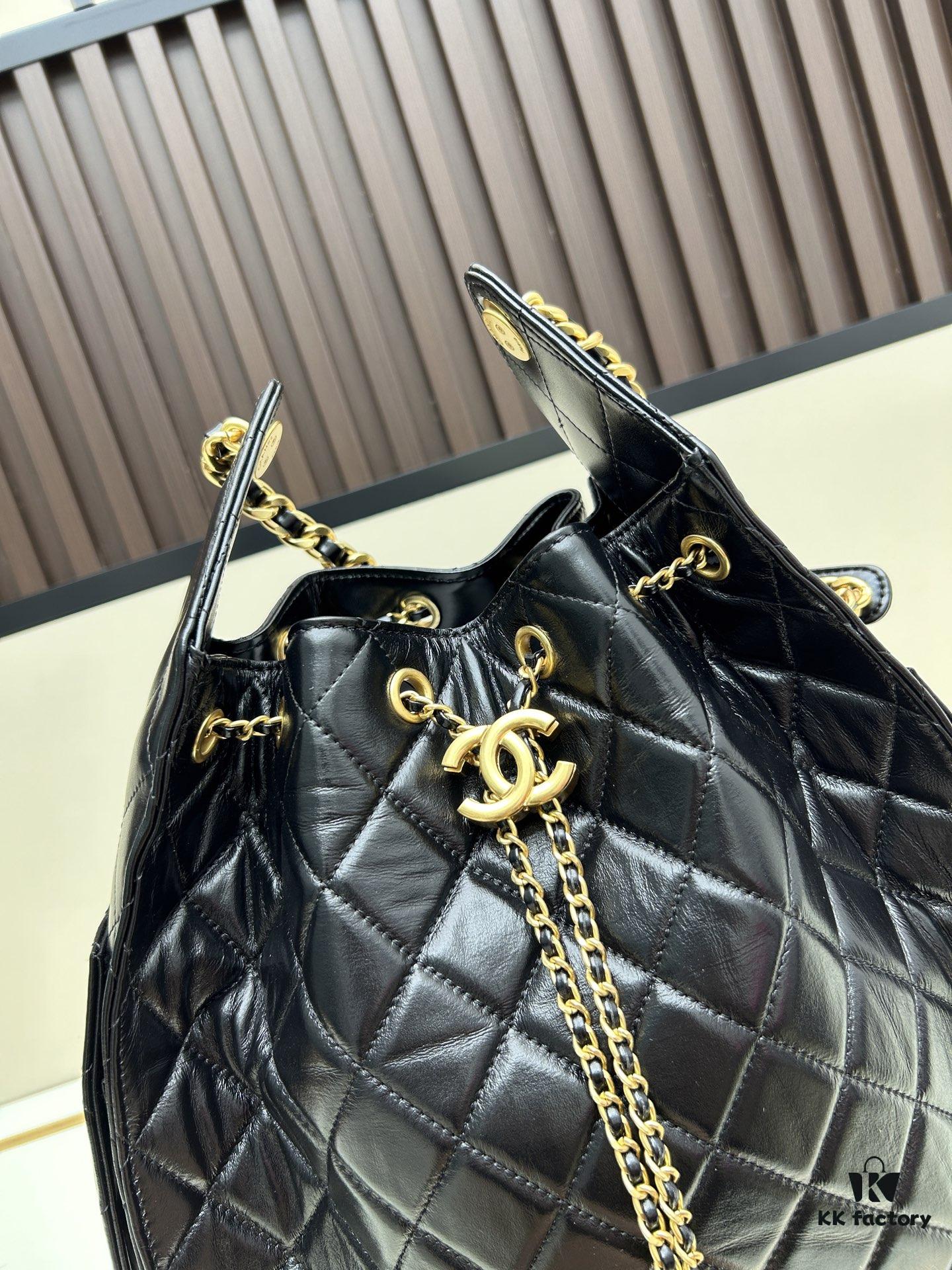 Large Vegan Leather Hobo Bag, Suede Finish, Upgraded Chanel 25C Style, Vintage Coin Button Drawstring Bucket Bag with Diamond Quilting, Retro Black-Gold Hardware, Classic Chain Design