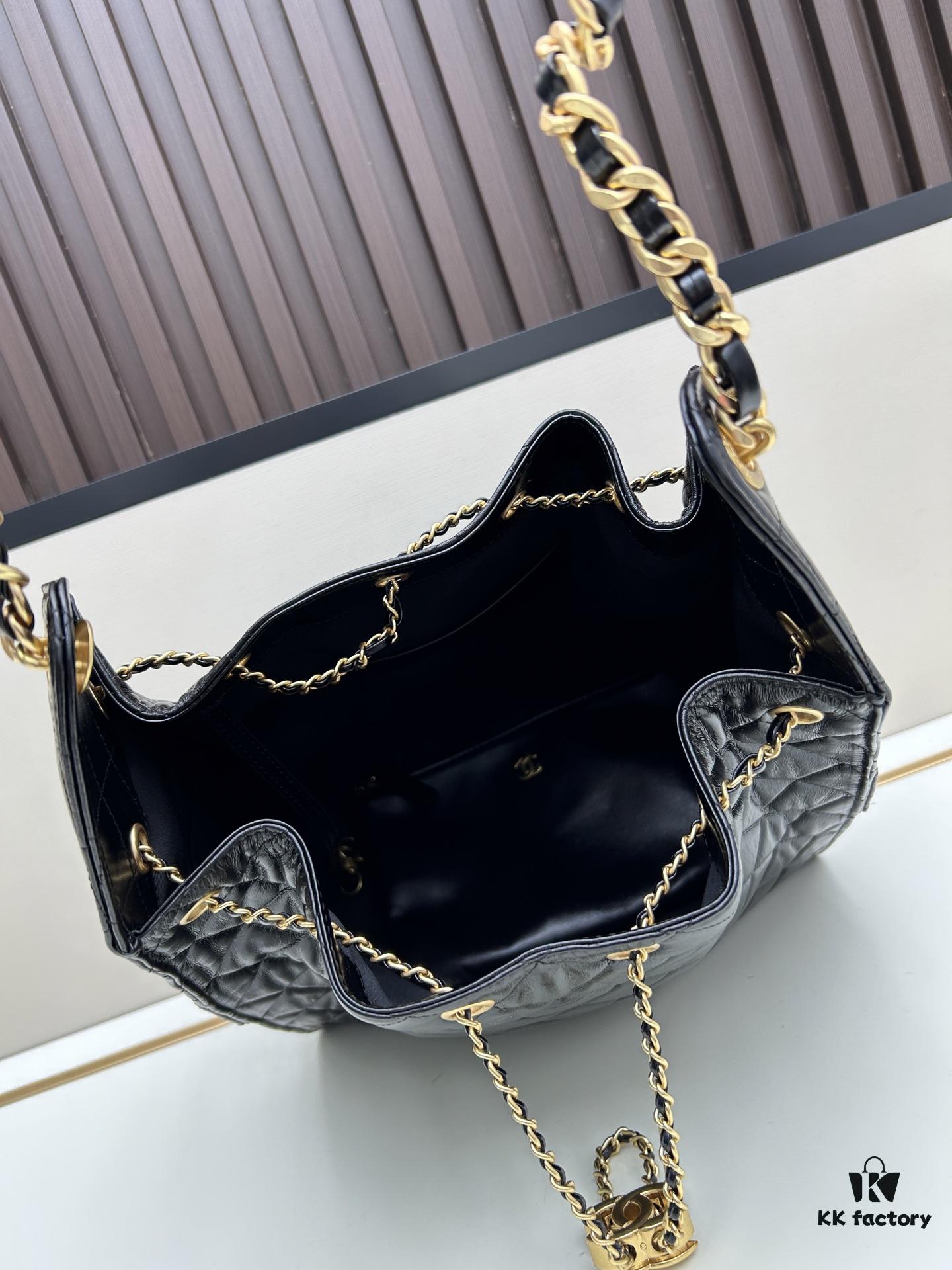 Large Vegan Leather Hobo Bag, Suede Finish, Upgraded Chanel 25C Style, Vintage Coin Button Drawstring Bucket Bag with Diamond Quilting, Retro Black-Gold Hardware, Classic Chain Design