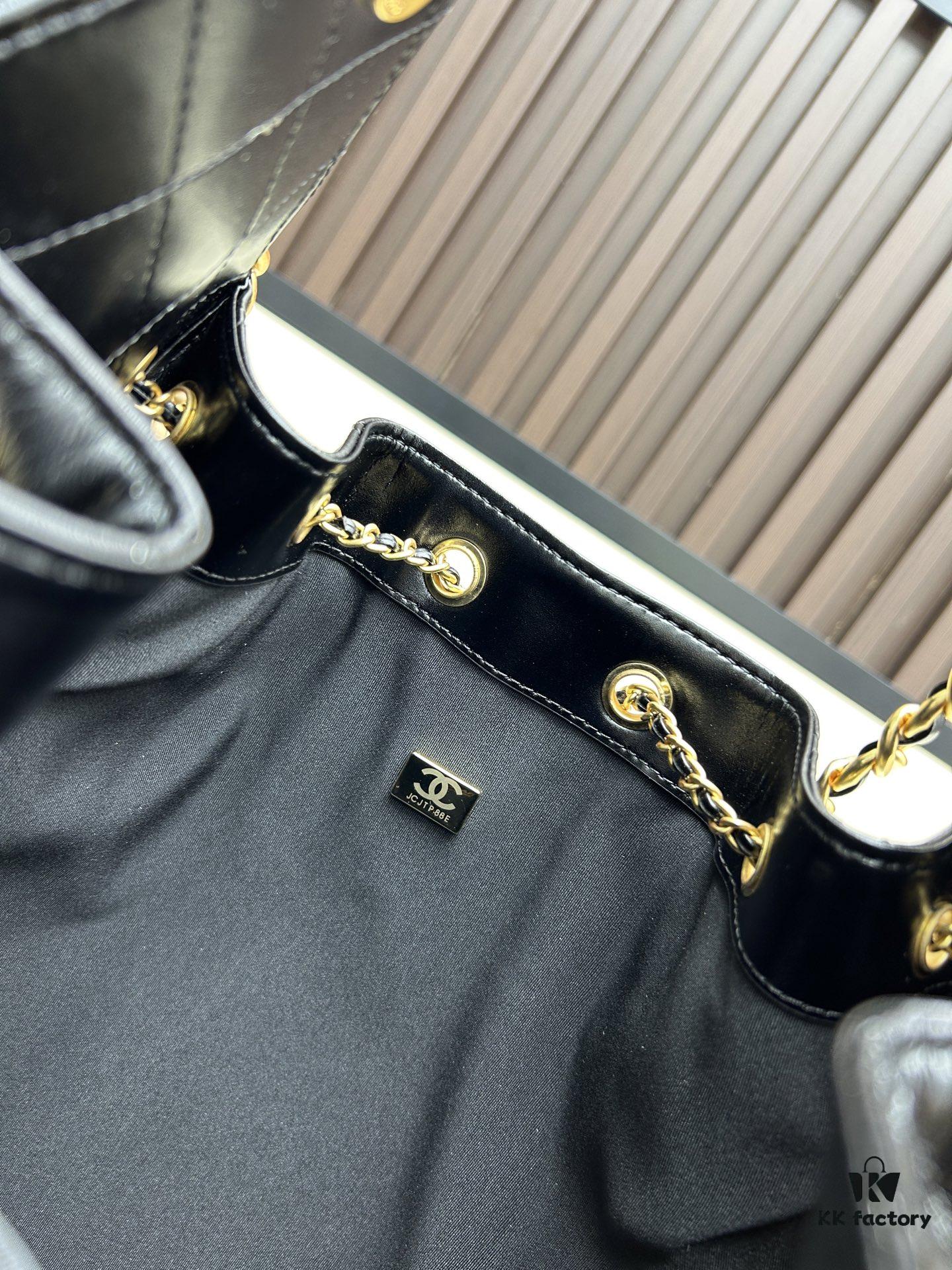 Large Vegan Leather Hobo Bag, Suede Finish, Upgraded Chanel 25C Style, Vintage Coin Button Drawstring Bucket Bag with Diamond Quilting, Retro Black-Gold Hardware, Classic Chain Design