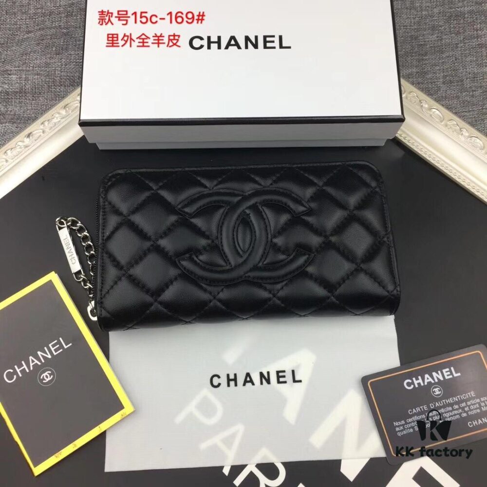 Chanel 15C-169# Small Lambskin Quilted Single-Zip Wallet in Black with White Trim or All Black