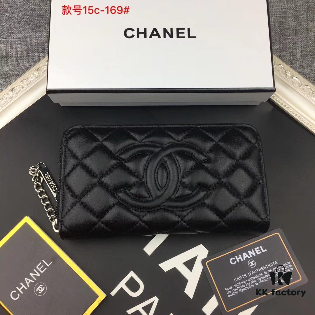 Chanel 15C-169# Small Lambskin Quilted Single-Zip Wallet in Black with White Trim or All Black