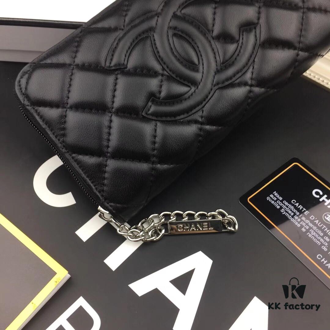 Chanel 15C-169# Small Lambskin Quilted Single-Zip Wallet in Black with White Trim or All Black