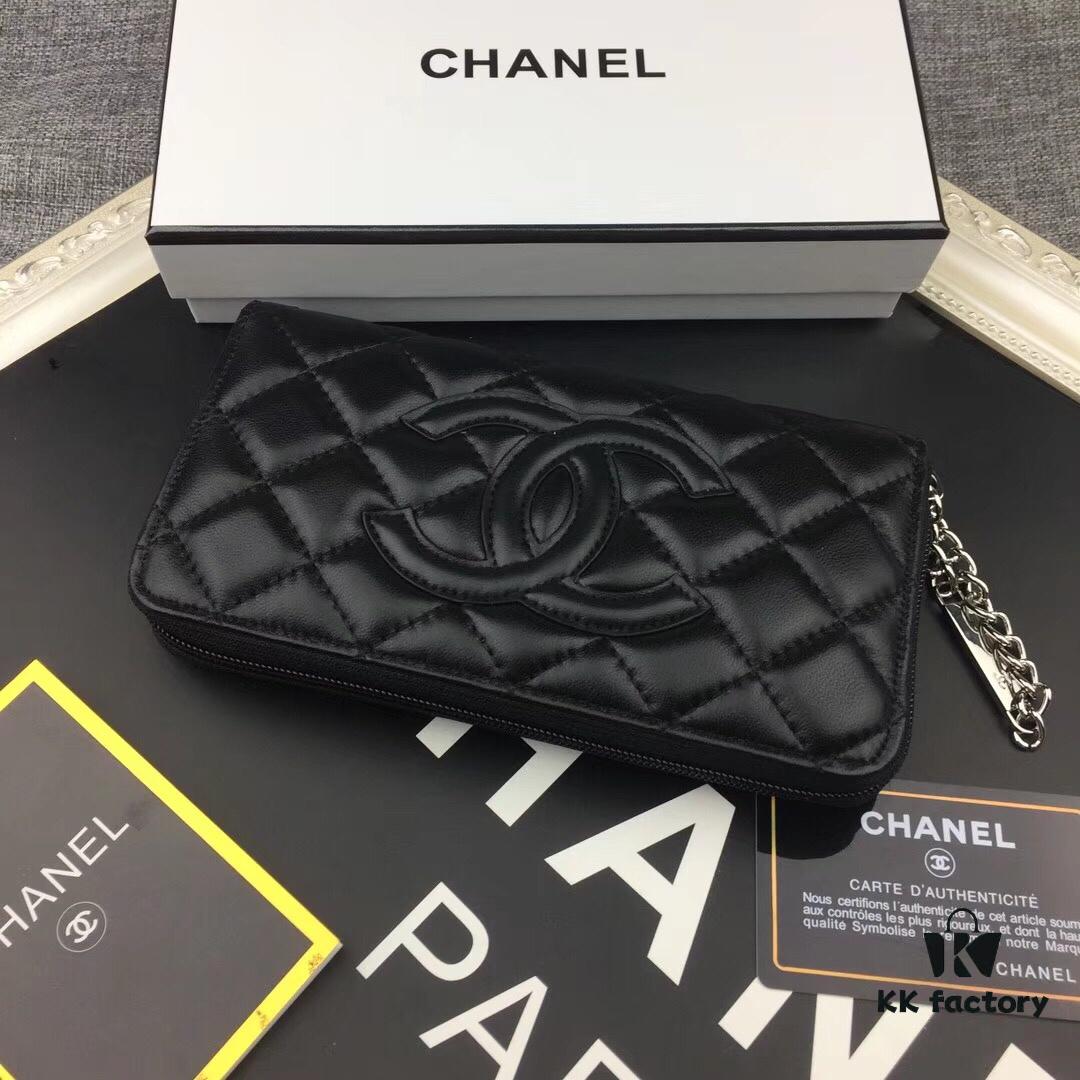 Chanel 15C-169# Small Lambskin Quilted Single-Zip Wallet in Black with White Trim or All Black