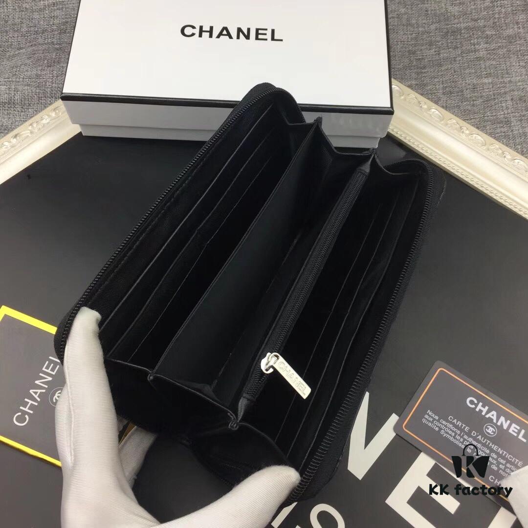 Chanel 15C-169# Small Lambskin Quilted Single-Zip Wallet in Black with White Trim or All Black