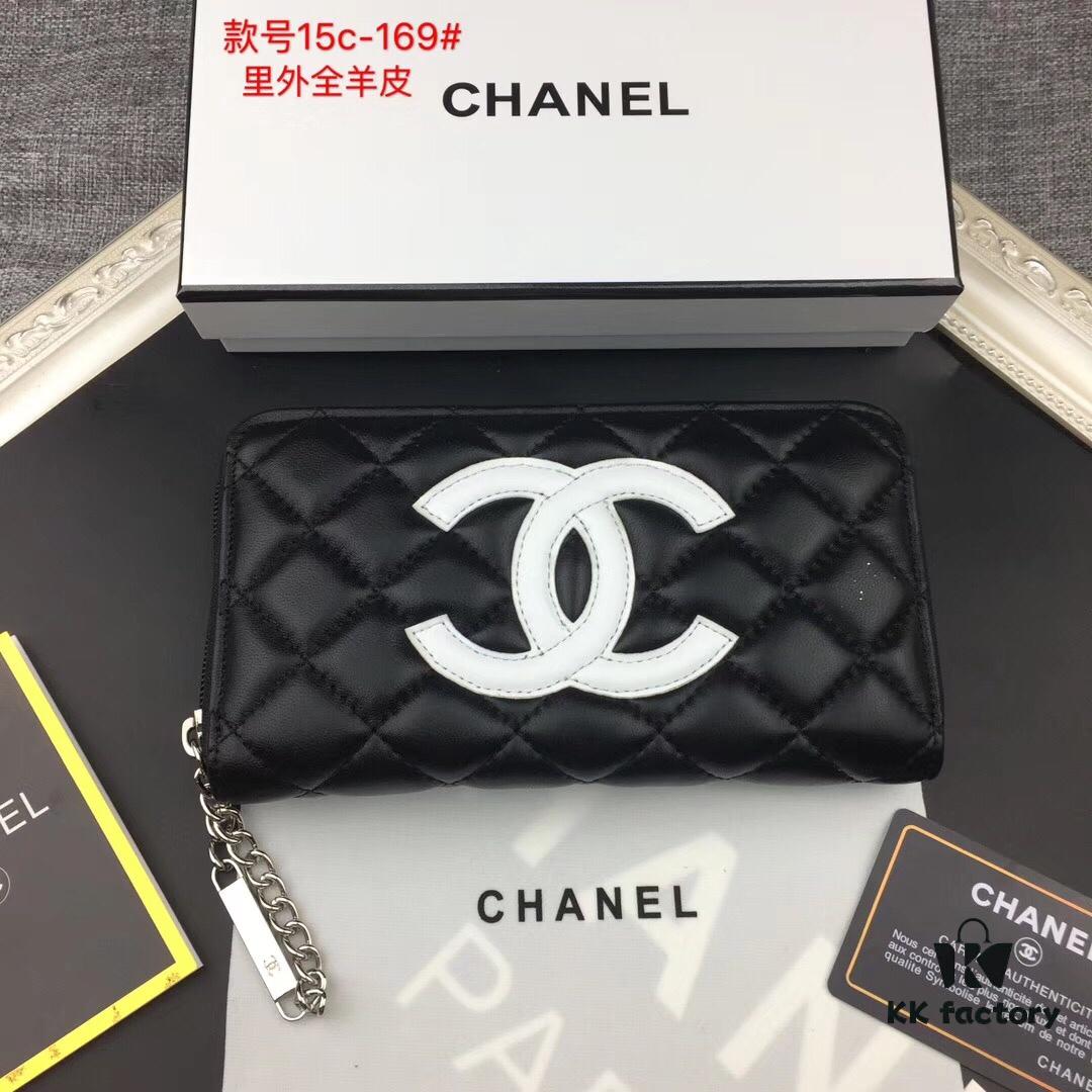 Chanel 15C-169# Small Lambskin Quilted Single-Zip Wallet in Black with White or Black Trim