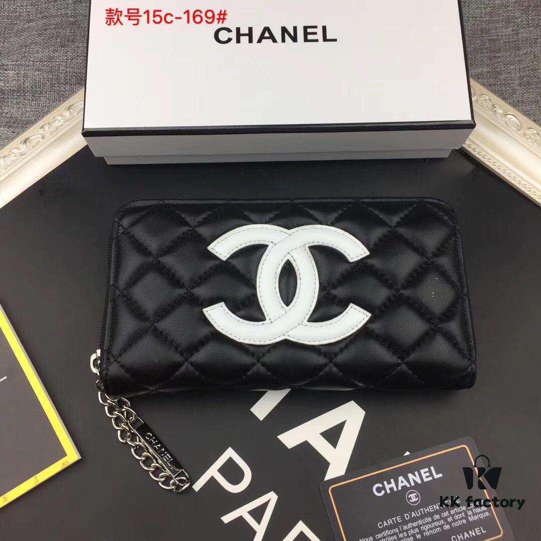 Chanel 15C-169# Small Lambskin Quilted Single-Zip Wallet in Black with White or Black Trim