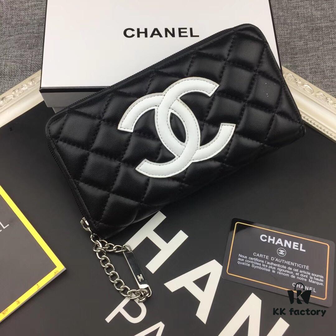 Chanel 15C-169# Small Lambskin Quilted Single-Zip Wallet in Black with White or Black Trim